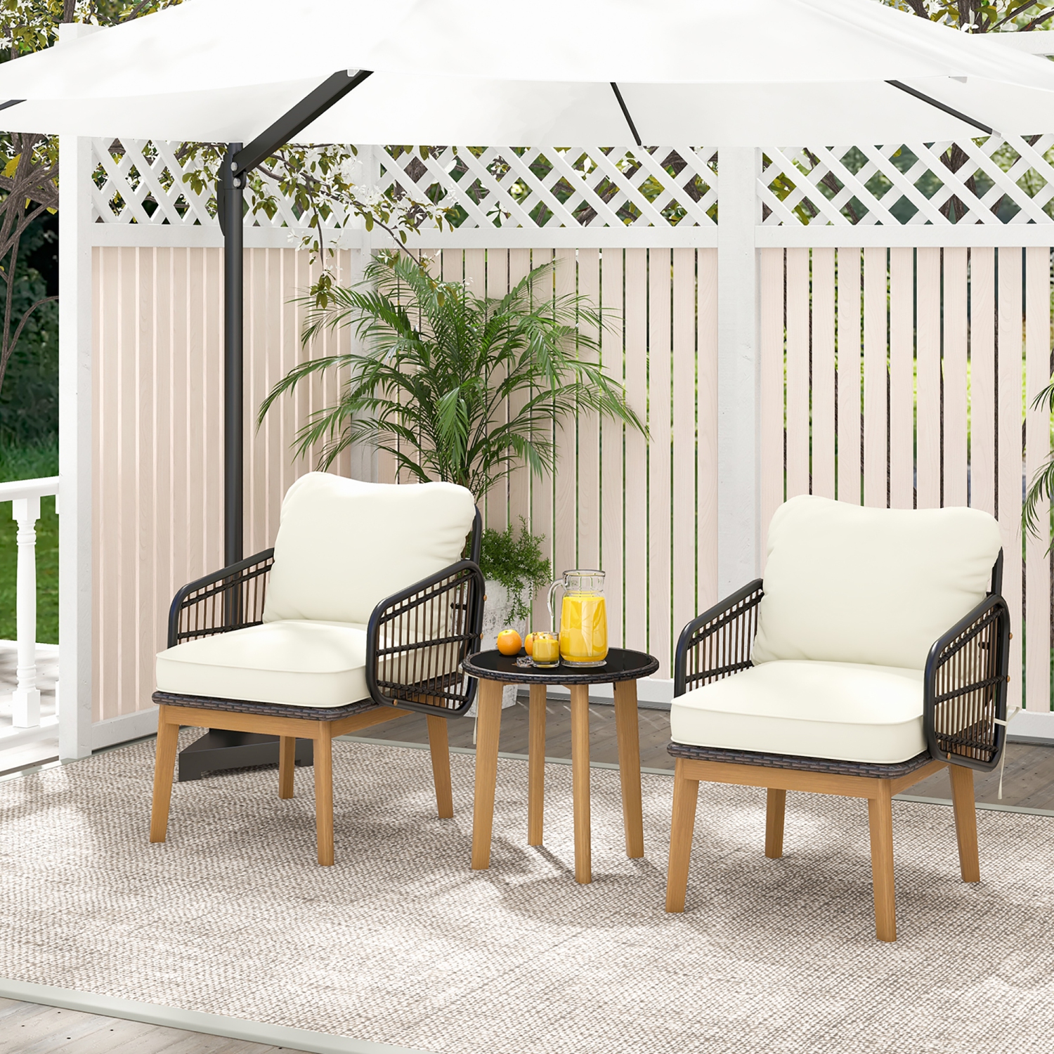 Gymax 3 Piece Patio Chair Set Wicker Chair & Side Table Set w/ Soft Cushions & Tempered Glass Tabletop