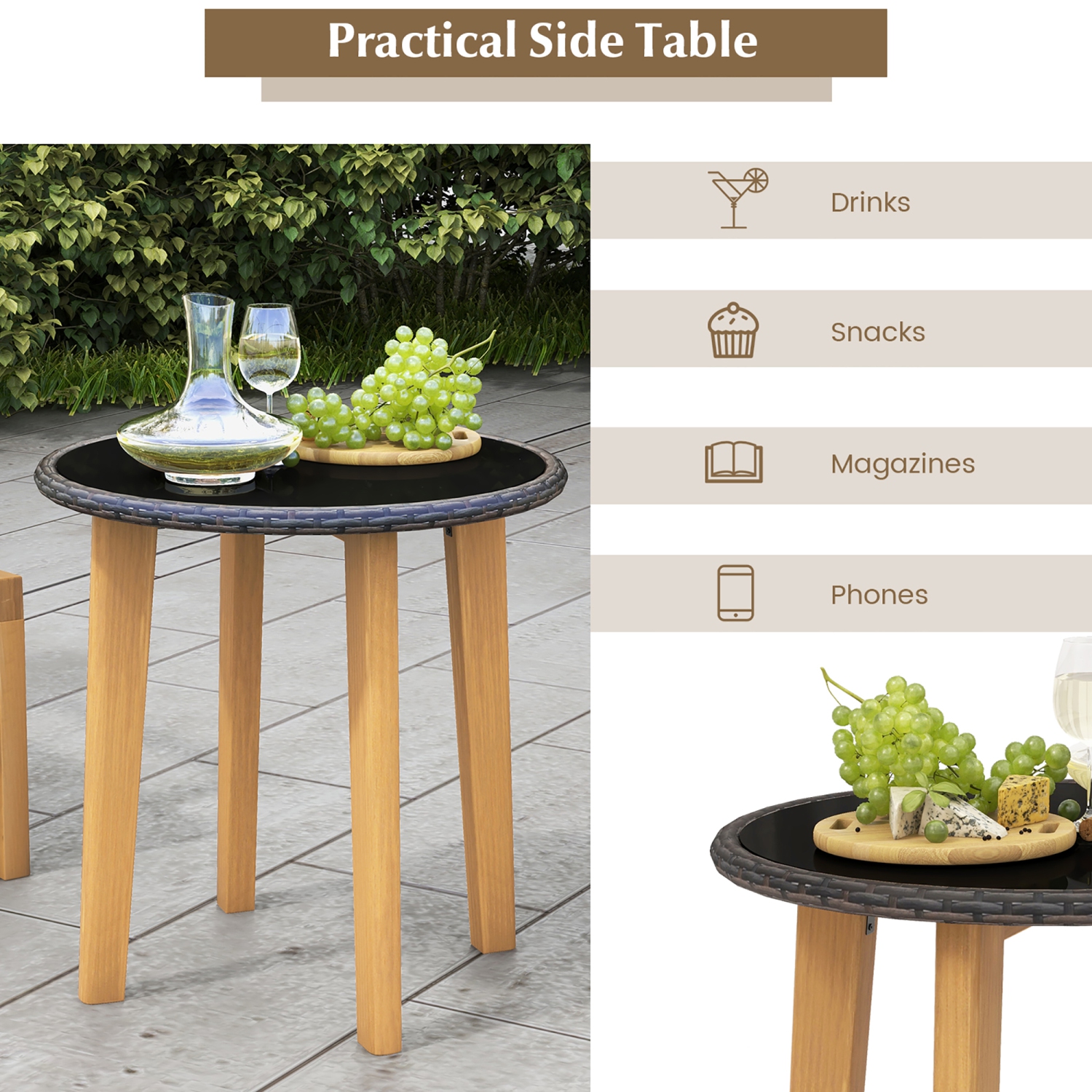 Gymax 3 Piece Patio Chair Set Wicker Chair & Side Table Set w/ Soft Cushions & Tempered Glass Tabletop