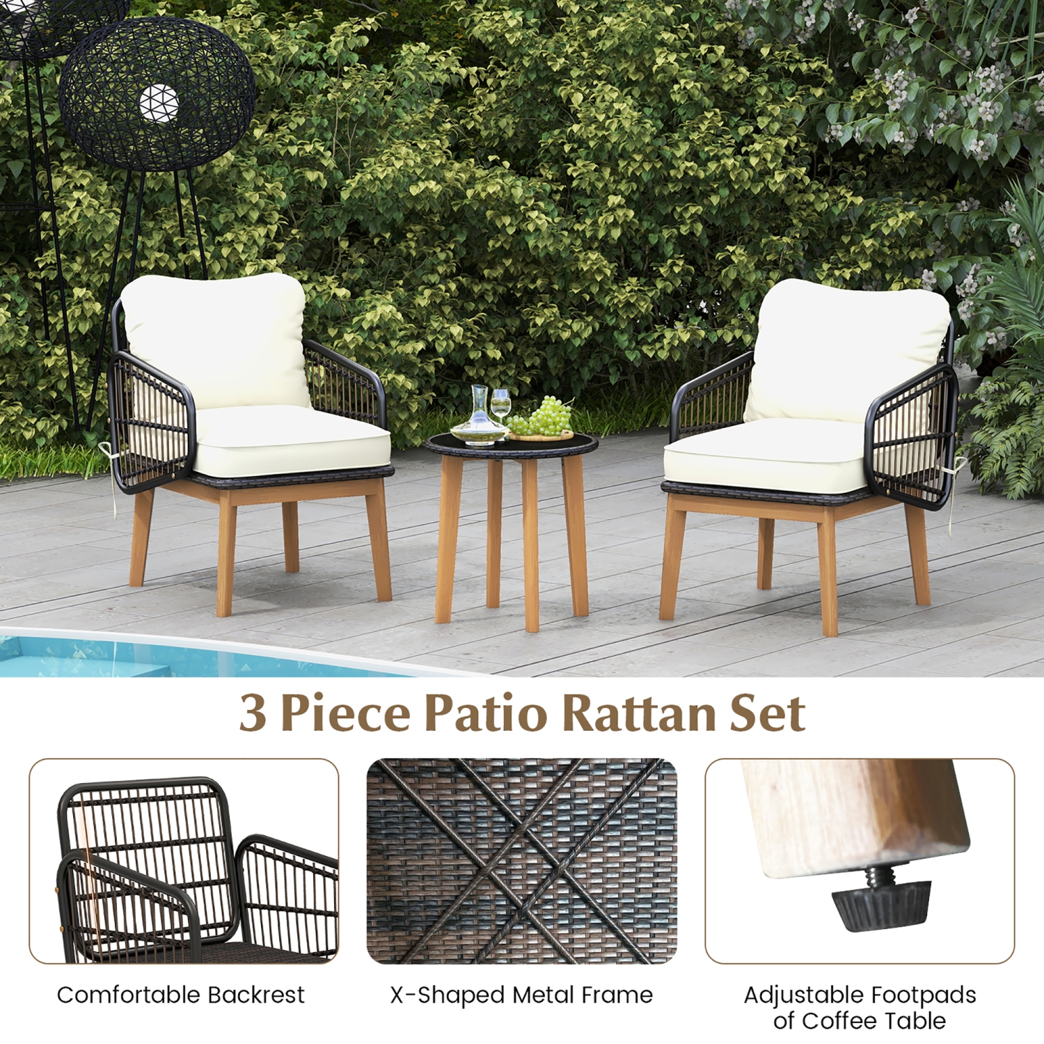 Gymax 3 Piece Patio Chair Set Wicker Chair & Side Table Set w/ Soft Cushions & Tempered Glass Tabletop