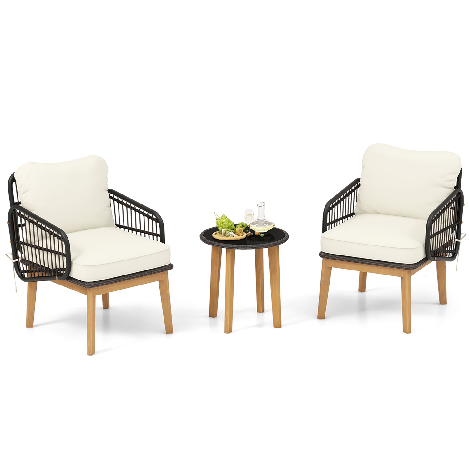 Gymax 3 Piece Patio Chair Set Wicker Chair & Side Table Set w/ Soft Cushions & Tempered Glass Tabletop