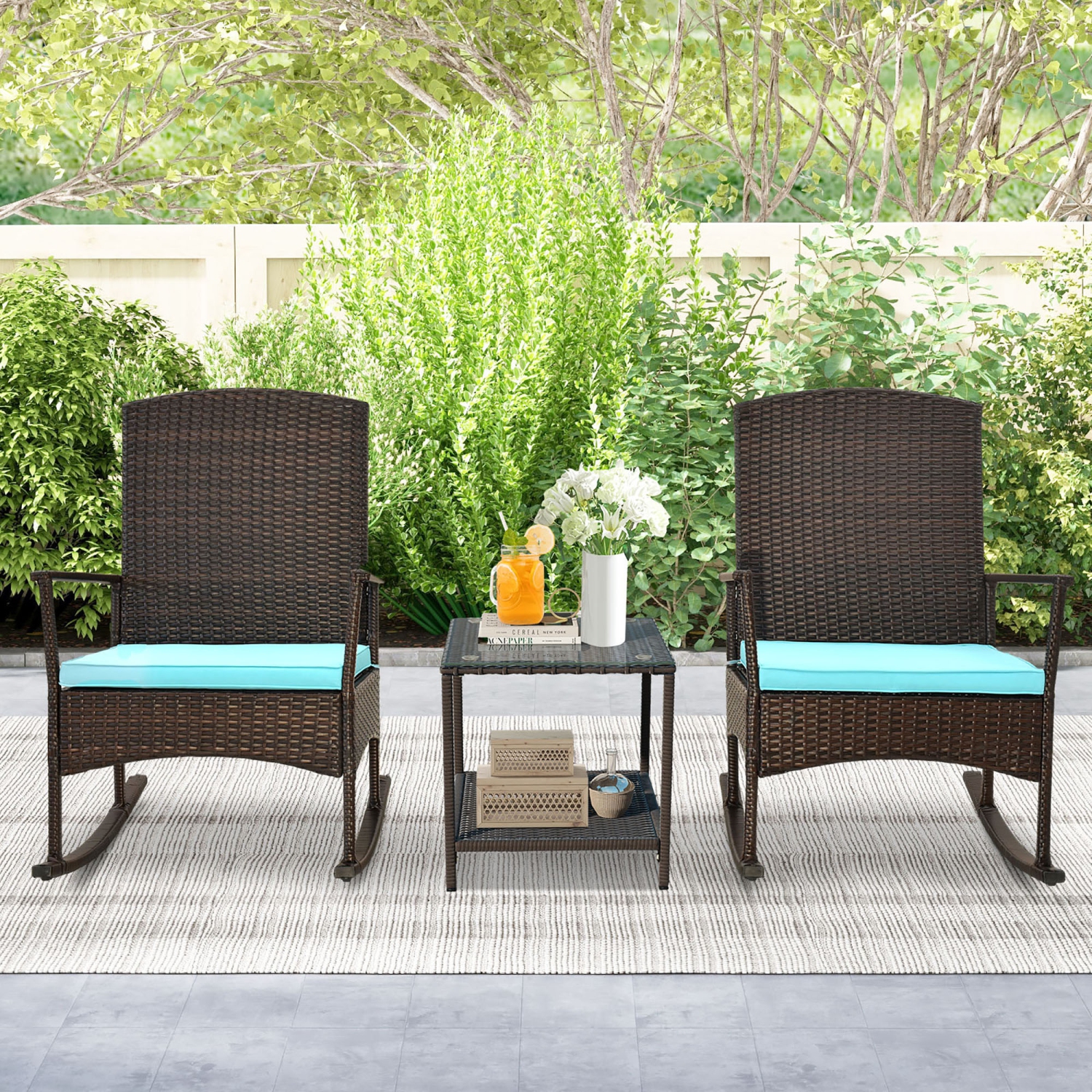 Gymax 3 Pieces Rocking Wicker Bistro Set Outdoor Front Porch Rocker Chairs Conversation Set