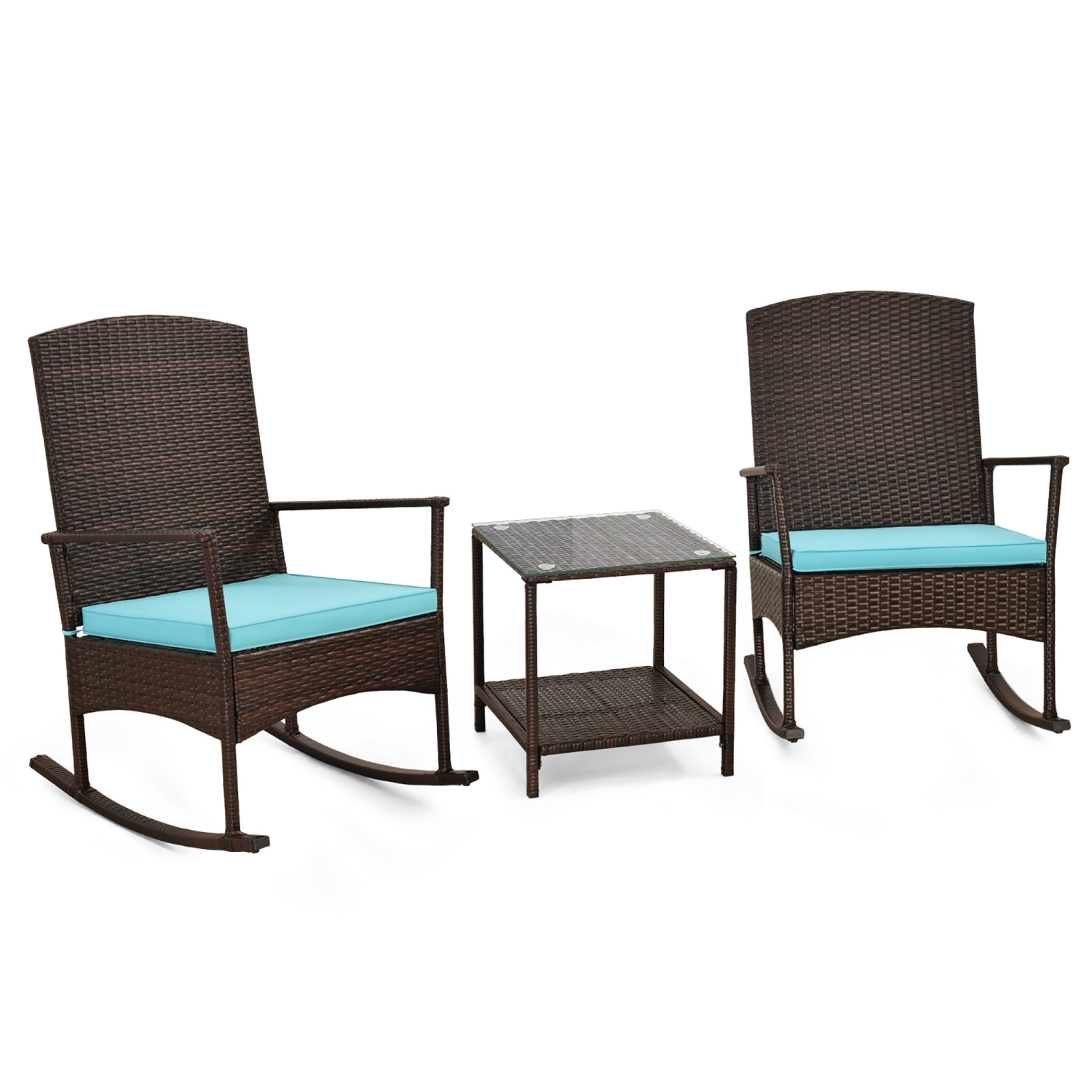 Gymax 3 Pieces Rocking Wicker Bistro Set Outdoor Front Porch Rocker Chairs Conversation Set