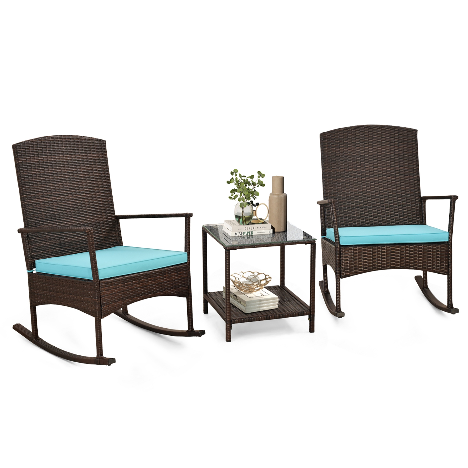 Gymax 3 Pieces Rocking Wicker Bistro Set Outdoor Front Porch Rocker Chairs Conversation Set