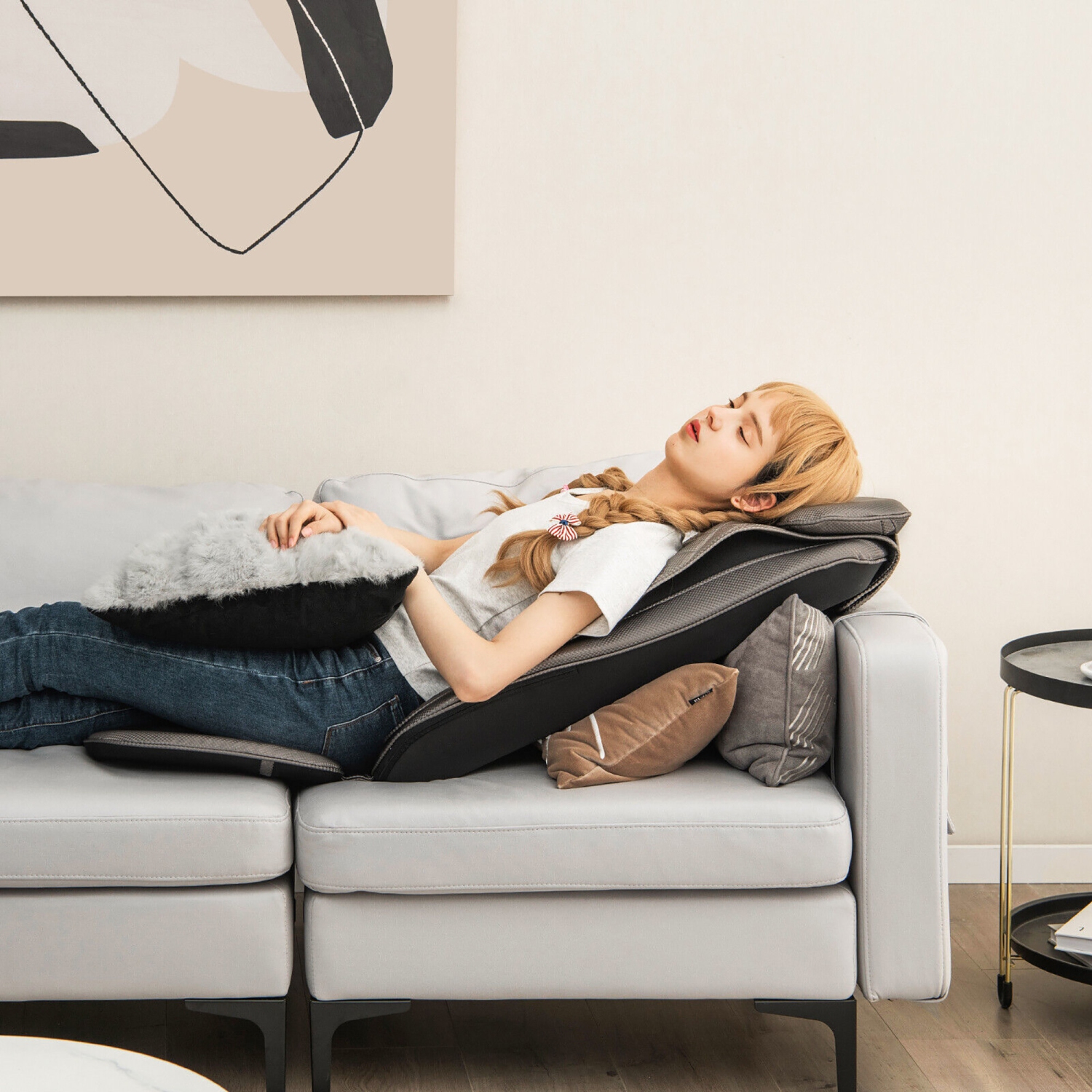 Gymax Massage Chair Pad Heat Vibration Back Massage w/ Removable Neck Pillow Back Flap