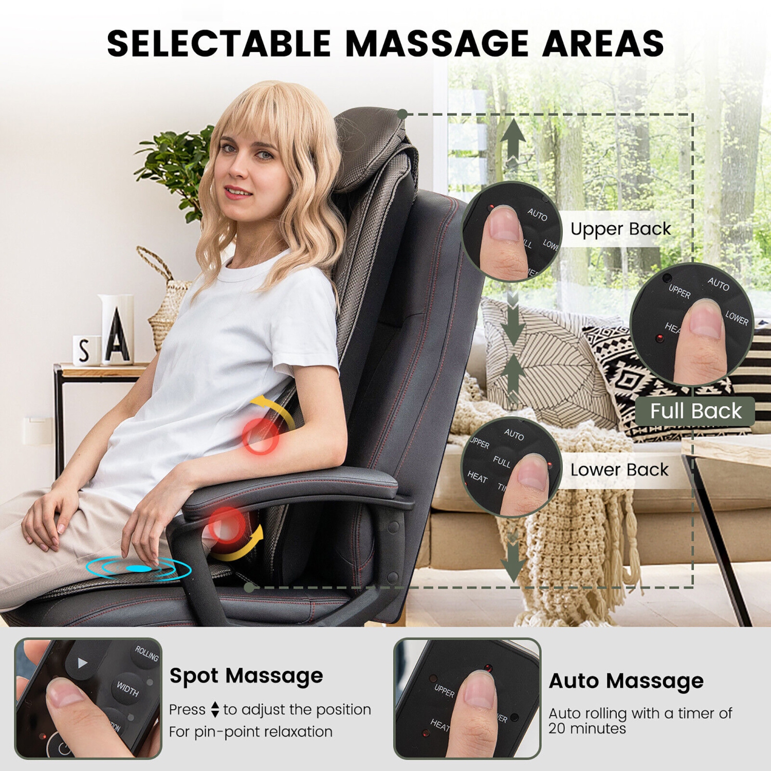 Gymax Massage Chair Pad Heat Vibration Back Massage w/ Removable Neck Pillow Back Flap