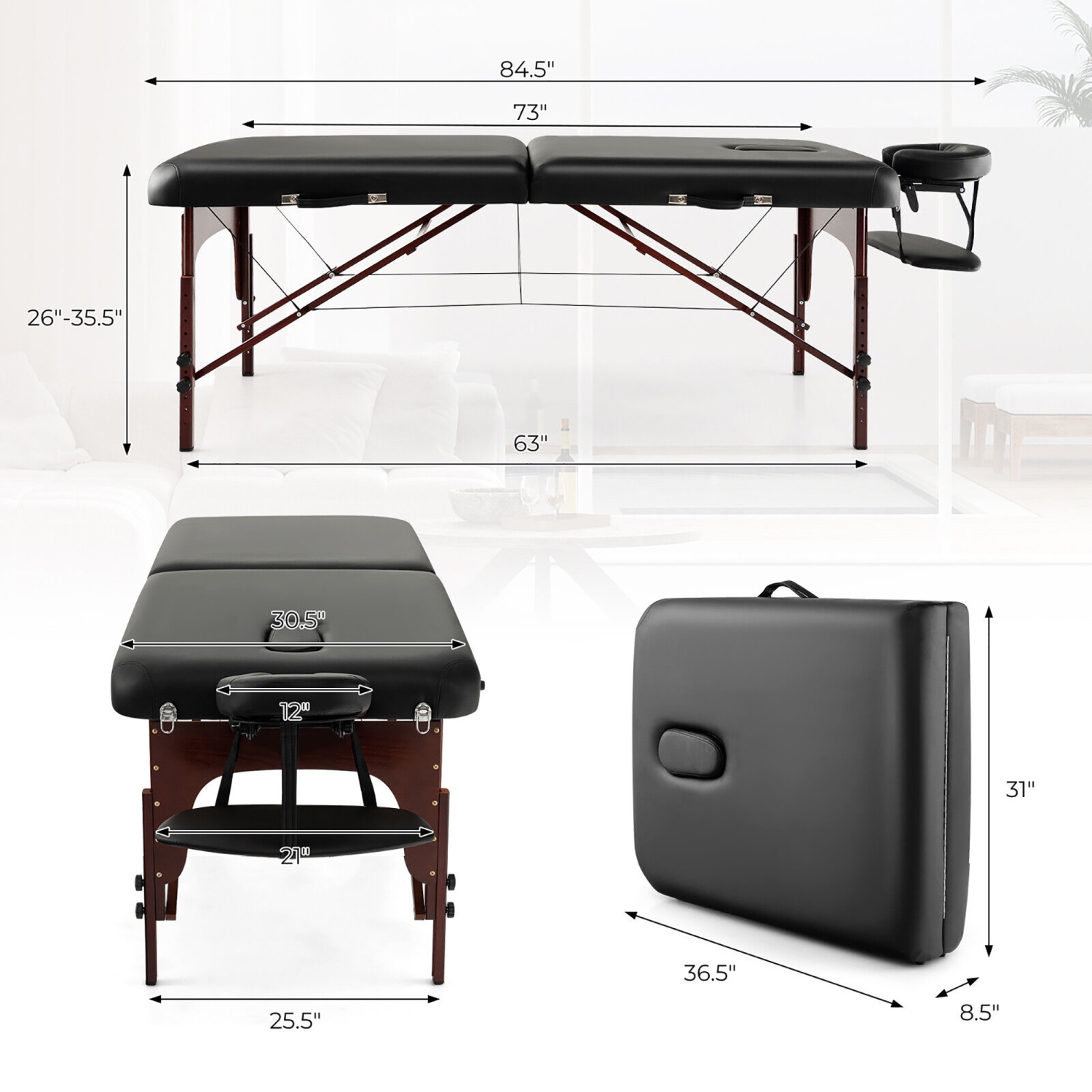 Gymax Portable Folding Massage Table Height Adjustable Spa Bed Beech Wood Face Cradle