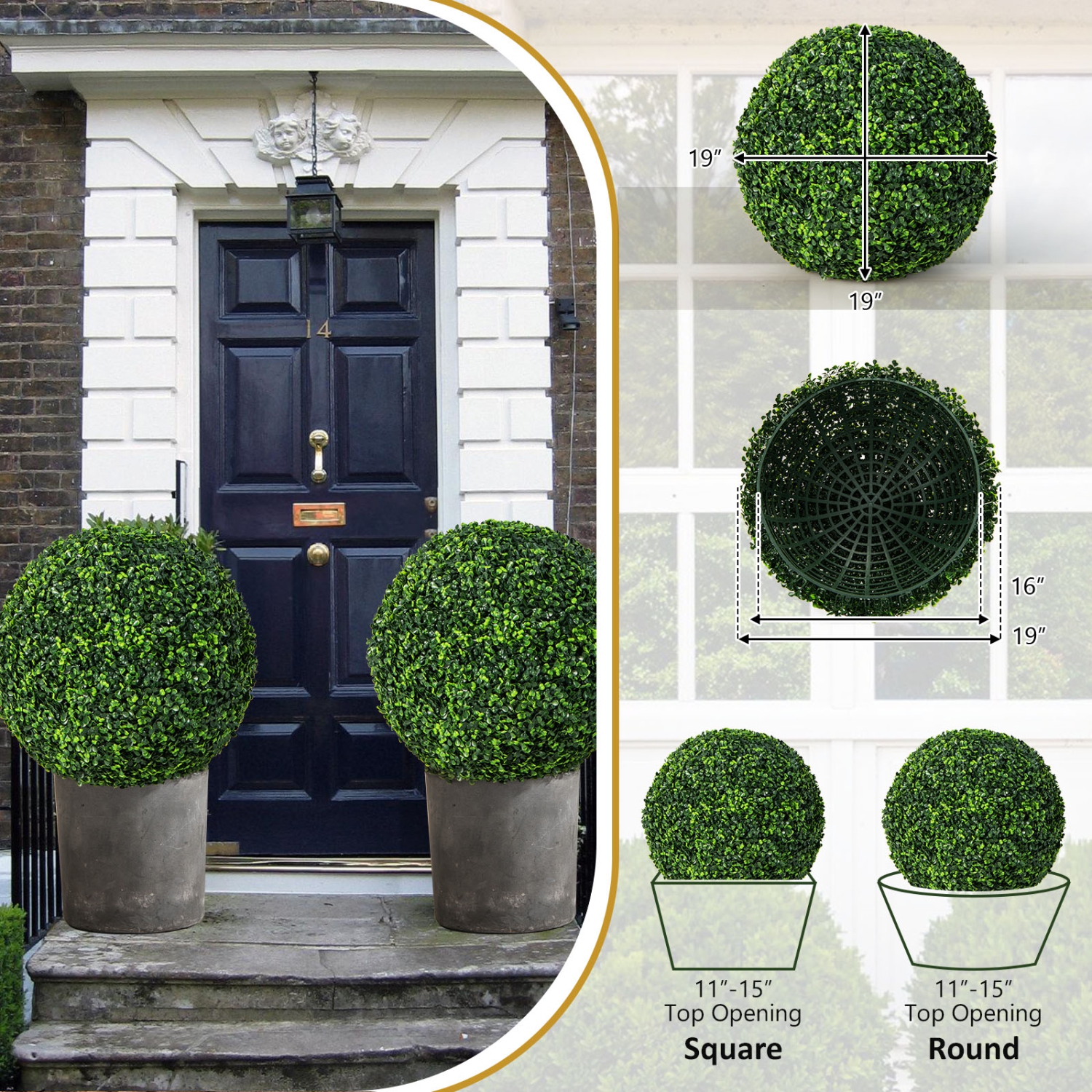 Topbuy 2 PCS Artificial Boxwood Topiary Balls 19" Faux Plants Decorative Boxwood Balls Sun-Protection Indoor & Outdoor Greenery Decoration