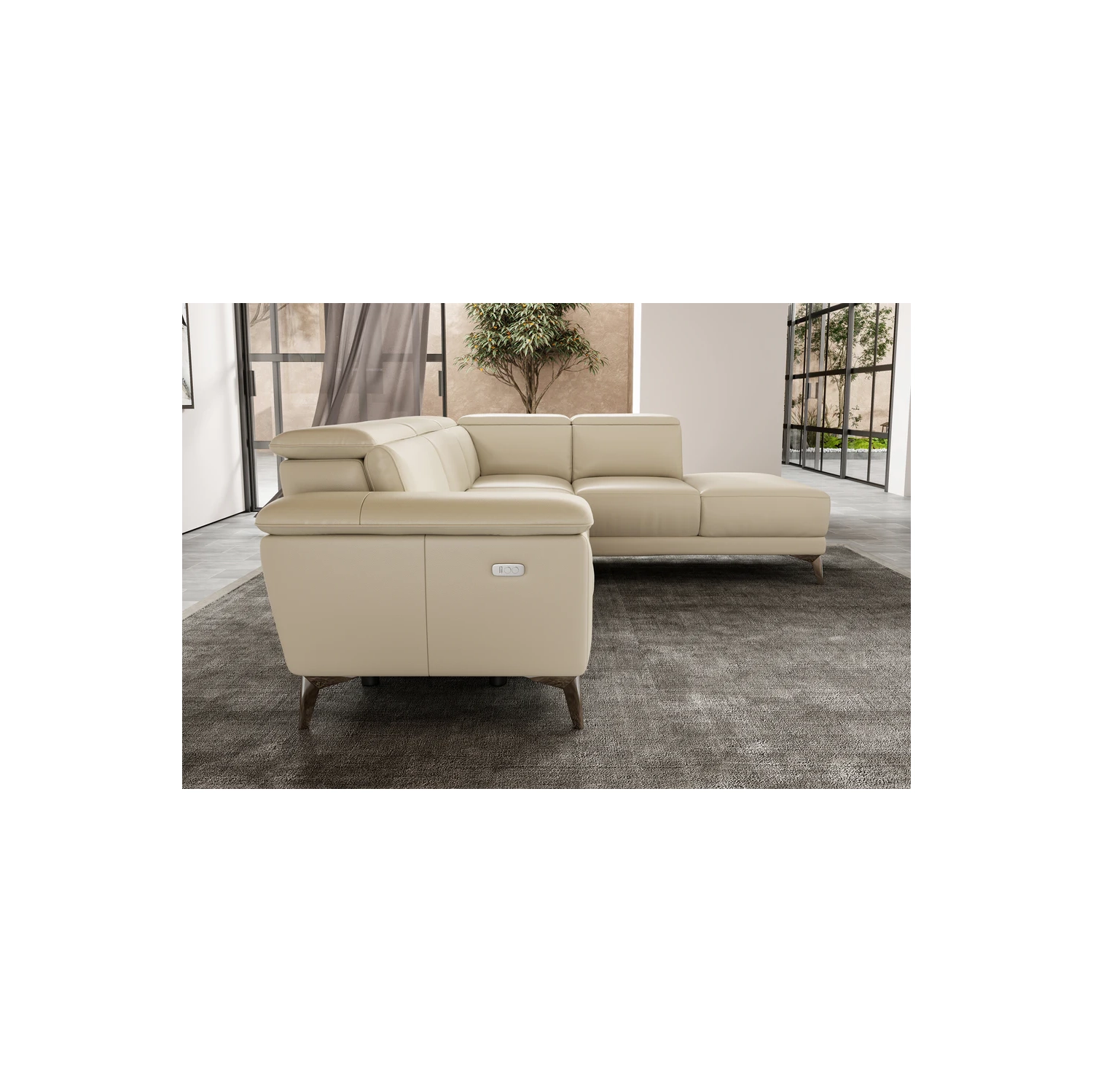 Valencia Pista, divan modulaire contemporain en cuir pleine fleur beige et fauteuil orienté à droite