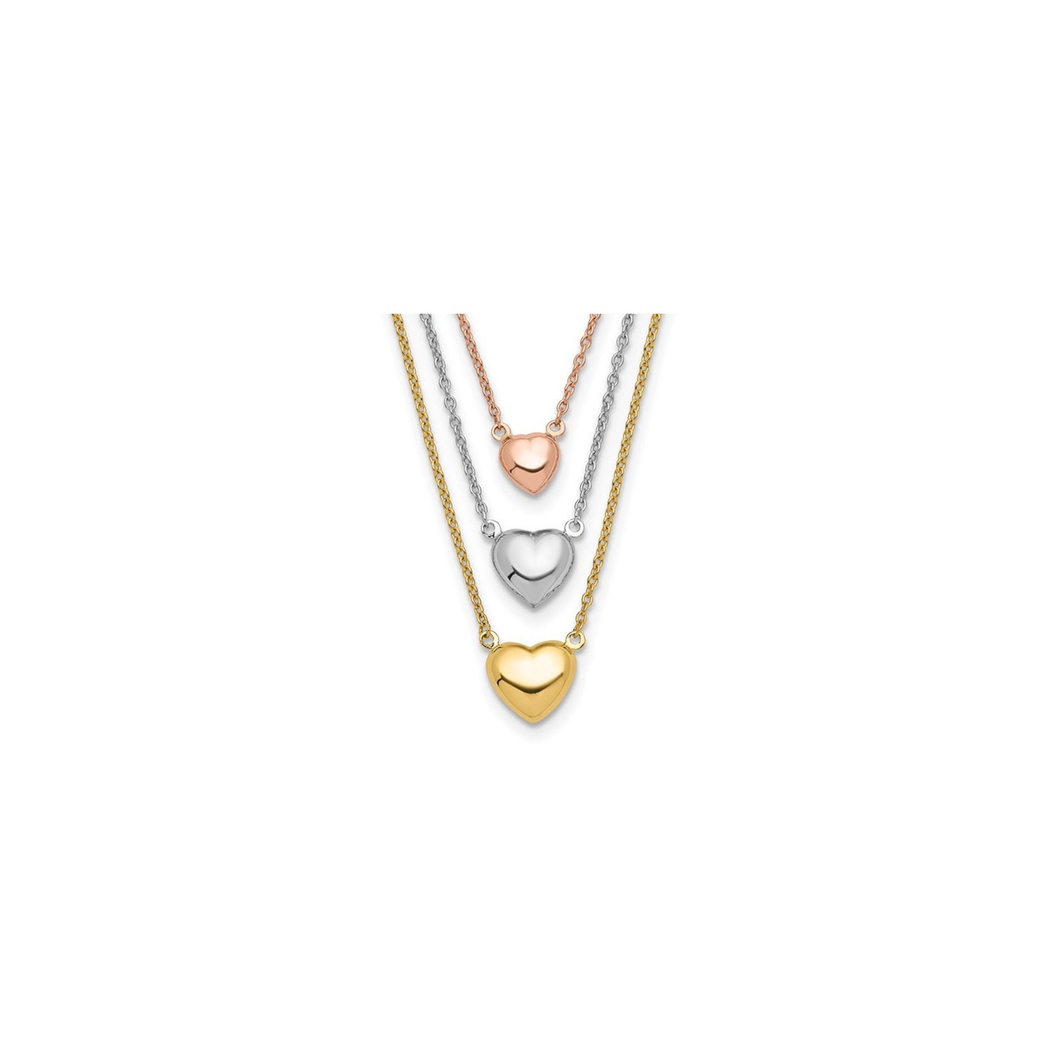 14K Yellow , White and Rose Gold Three Heart Necklace
