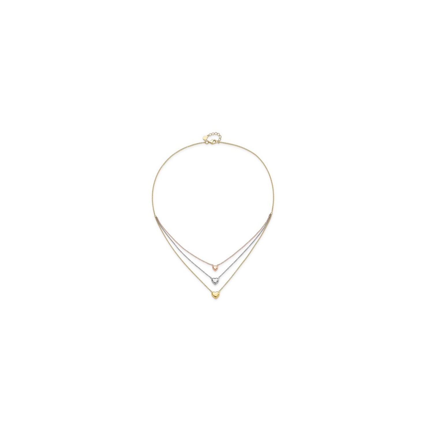 14K Yellow , White and Rose Gold Three Heart Necklace
