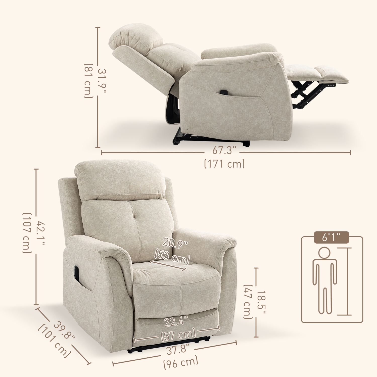 Fauteuil de massage inclinable de HOMCOM avec vibrations à 8 points, fauteuil inclinable manuel en tissu pour le salon avec pochettes latérales,