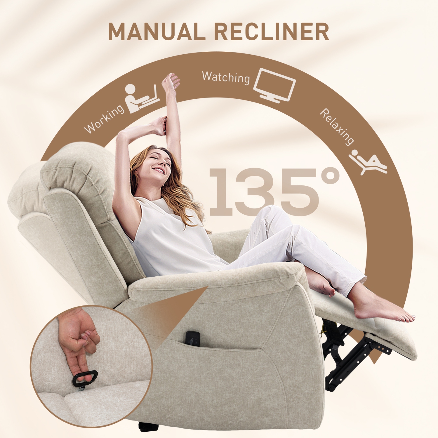 Fauteuil de massage inclinable de HOMCOM avec vibrations à 8 points, fauteuil inclinable manuel en tissu pour le salon avec pochettes latérales,