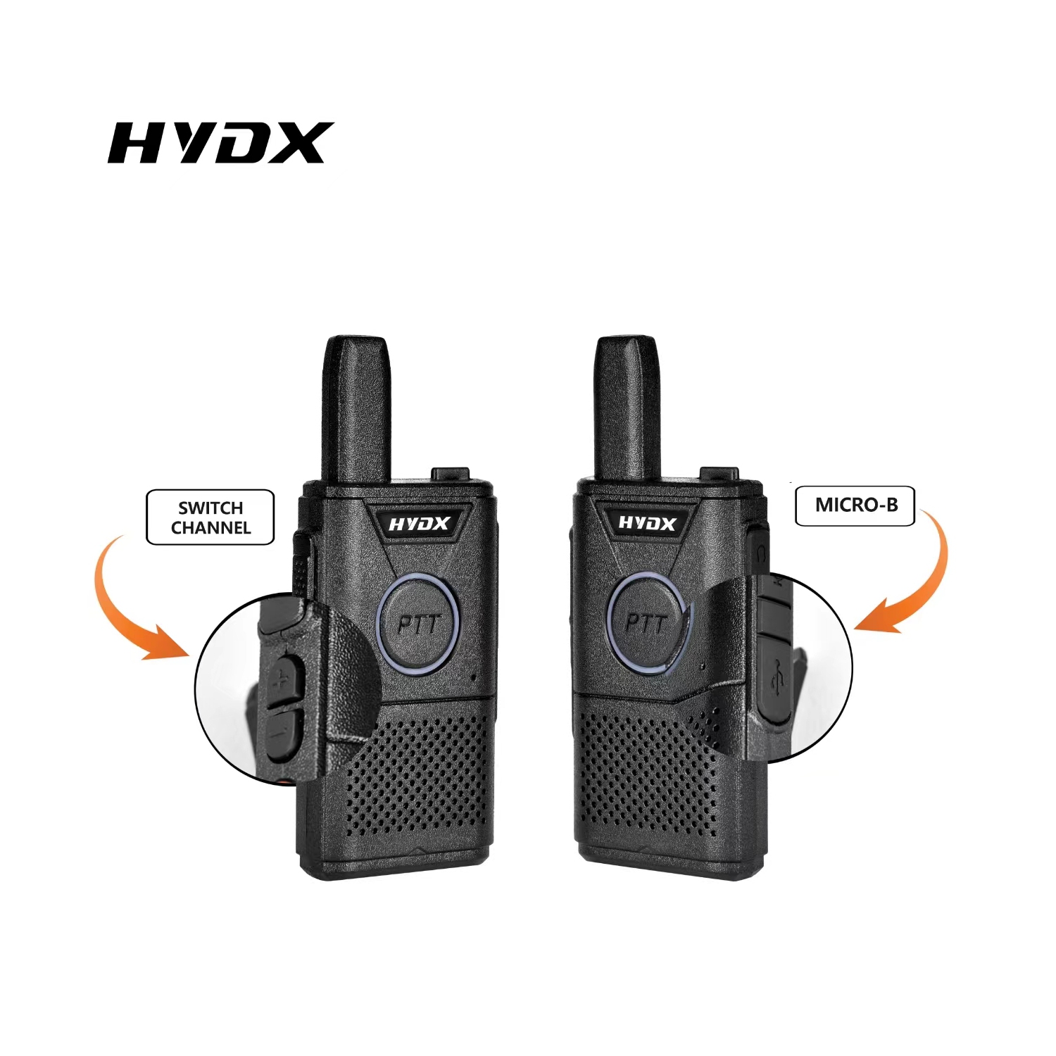 Compact Black Walkie Talkies - Set of 6, Plastic + Metal, Licensed-Free