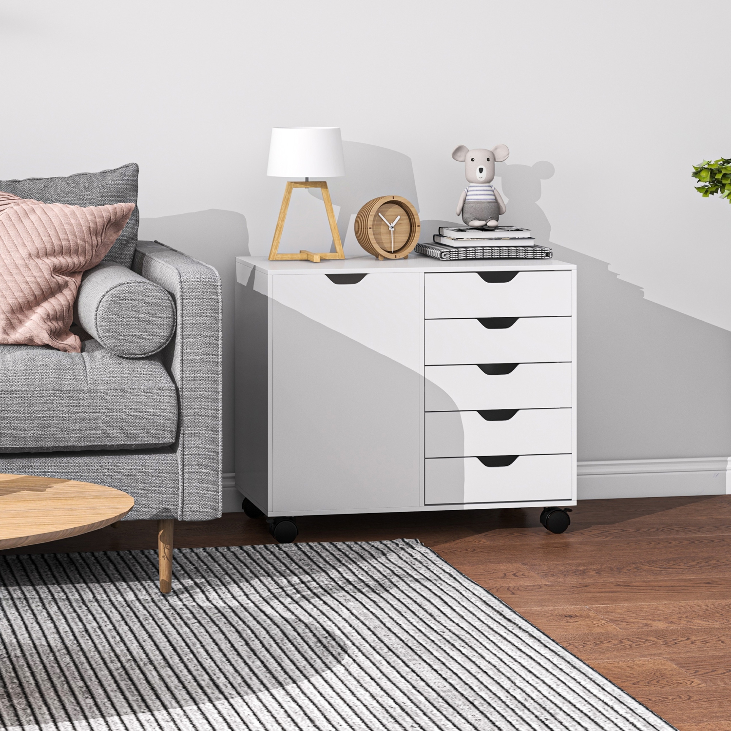 HOMCOM Lateral Filing Cabinet, 5-Drawers File Cabinet with Door and Adjustable Shelf, Mobile Office Storage Cabinet on Wheels, Printer Stand for Home