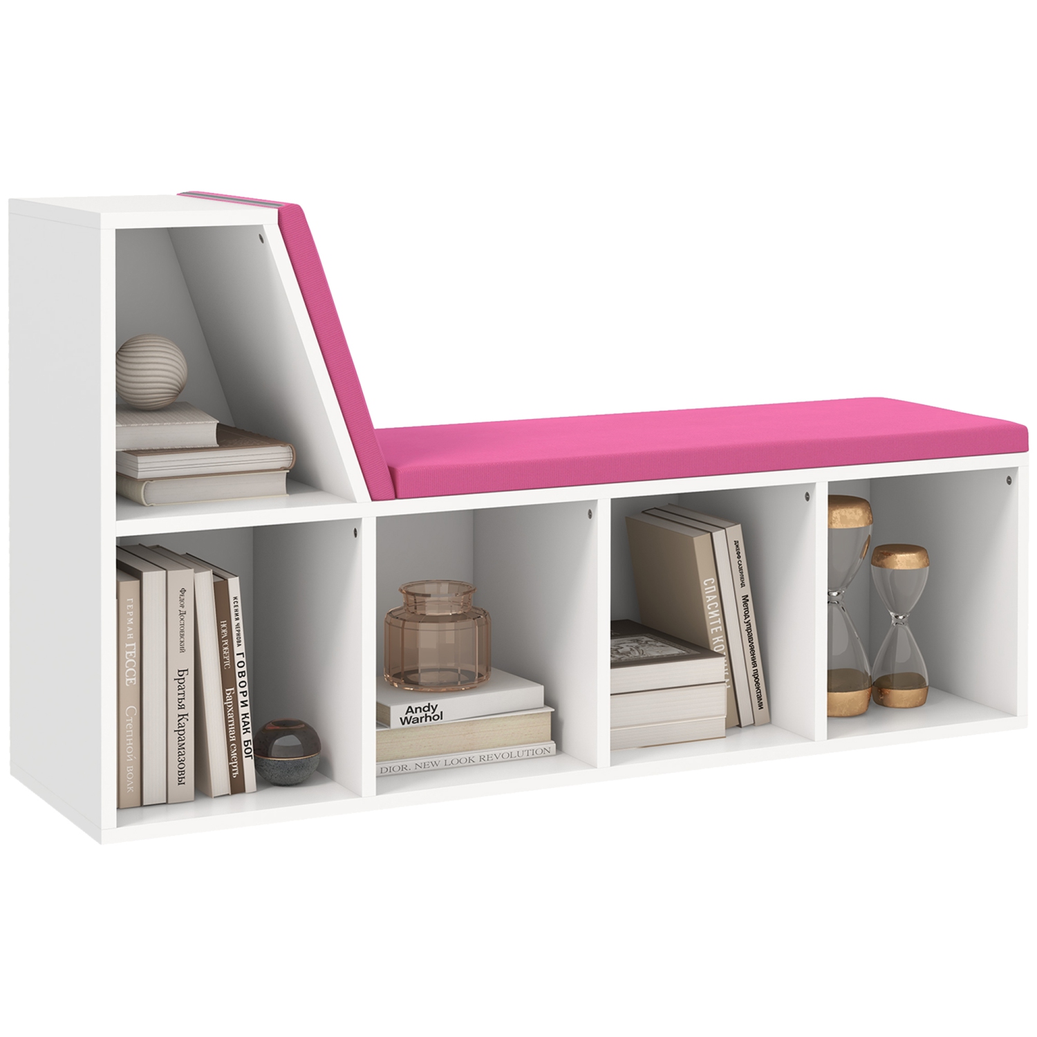HOMCOM 5 Cube Storage Bookshelf with Reading Nook, Modern Bookcase with Seat Cushion, Storage Shelf for Home Office, Study, Pink