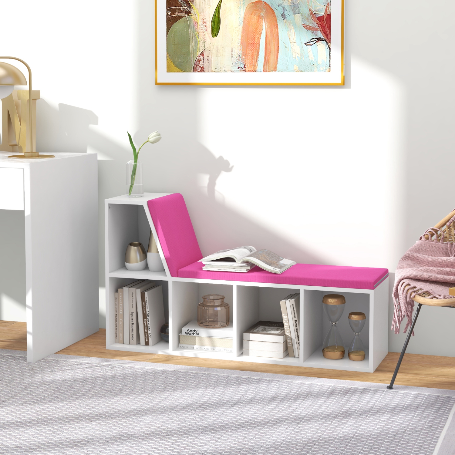 HOMCOM 5 Cube Storage Bookshelf with Reading Nook, Modern Bookcase with Seat Cushion, Storage Shelf for Home Office, Study, Pink
