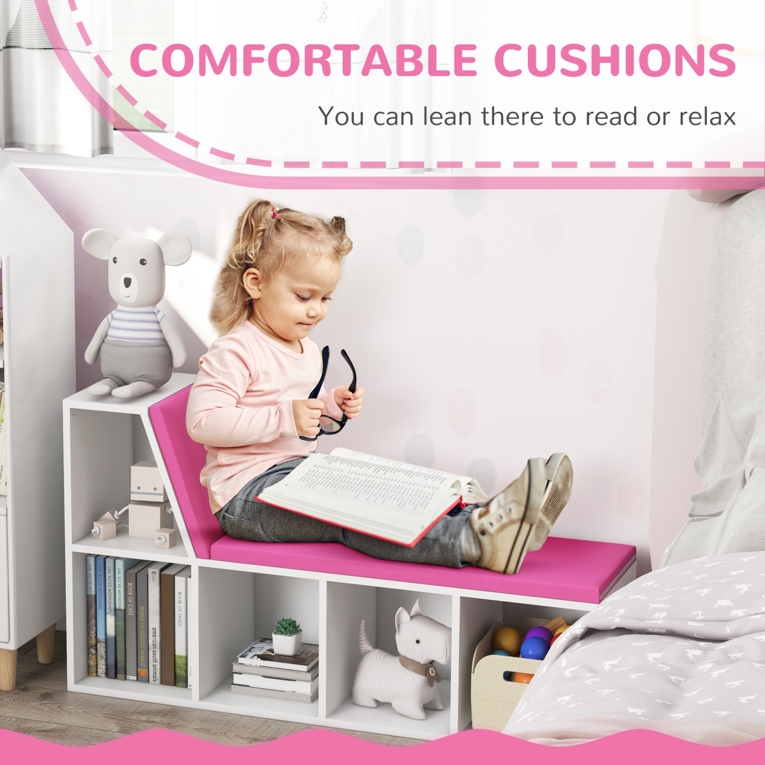 HOMCOM 5 Cube Storage Bookshelf with Reading Nook, Modern Bookcase with Seat Cushion, Storage Shelf for Home Office, Study, Pink