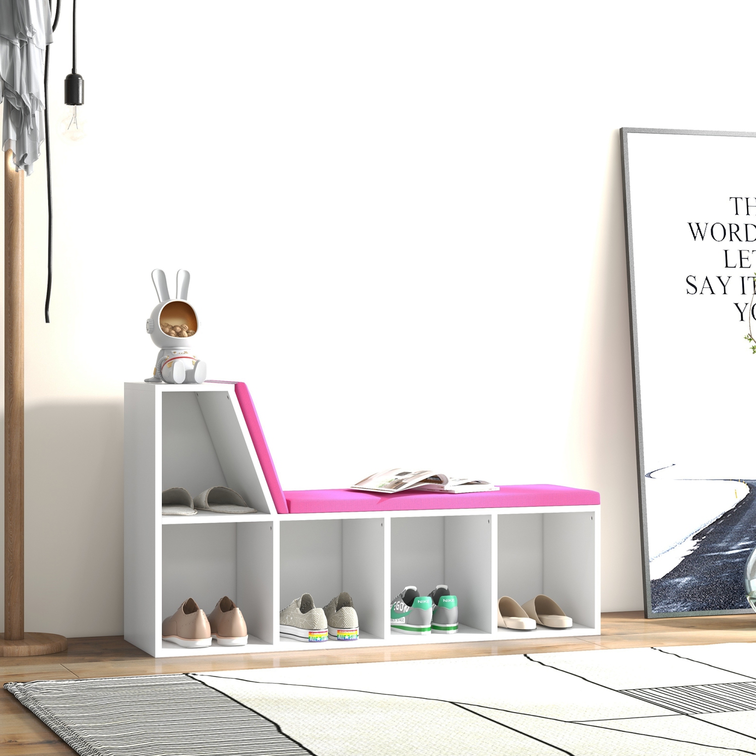 HOMCOM 5 Cube Storage Bookshelf with Reading Nook, Modern Bookcase with Seat Cushion, Storage Shelf for Home Office, Study, Pink