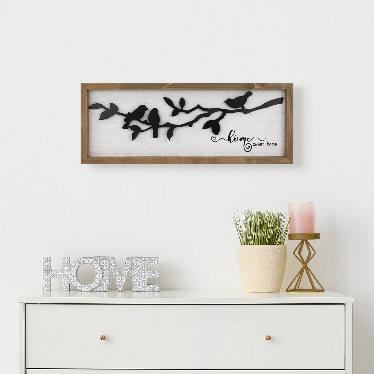 Affiche murale en bois Home Sweet Home avec silhouettes d'oiseaux - 15 po