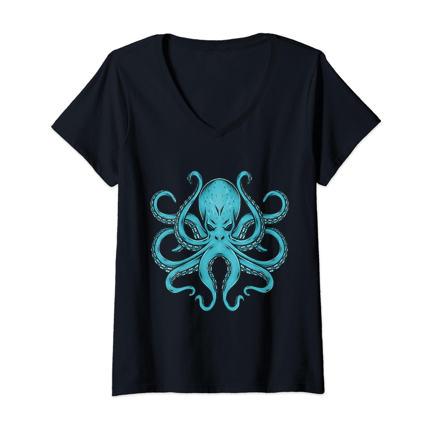 Kraken Sea Life V-Neck T-Shirt for Women in Ocean Blue