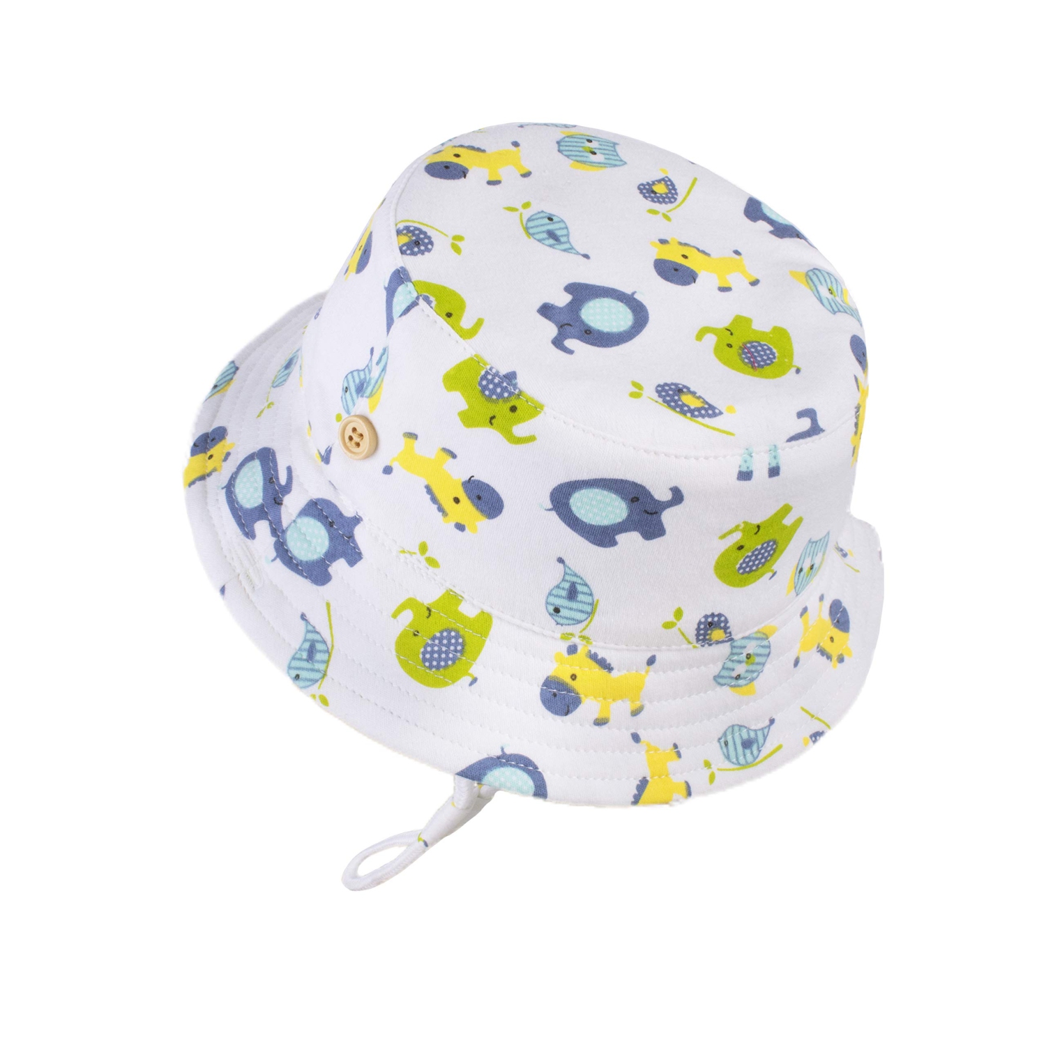 White Cotton Baby Bucket Hat with Chin Strap, Wide Brim Summer Sun  Protection Hat for Kids, Toddler Boys & Girls, Adorned with Animals,  XS:3M-6M (46cm/18.1).