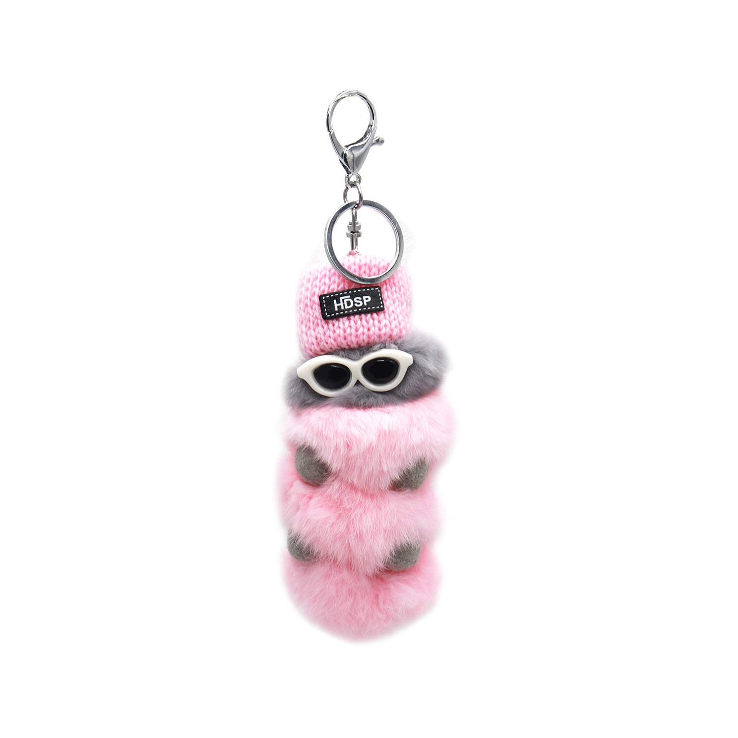 Rex Rabbit Pom Keychain: Adorable Caterpillar with Sunglasses & Winter Hat, Perfect for Animal Lovers. Enhances Beach Purses & Bags! Available in Pink & Grey.