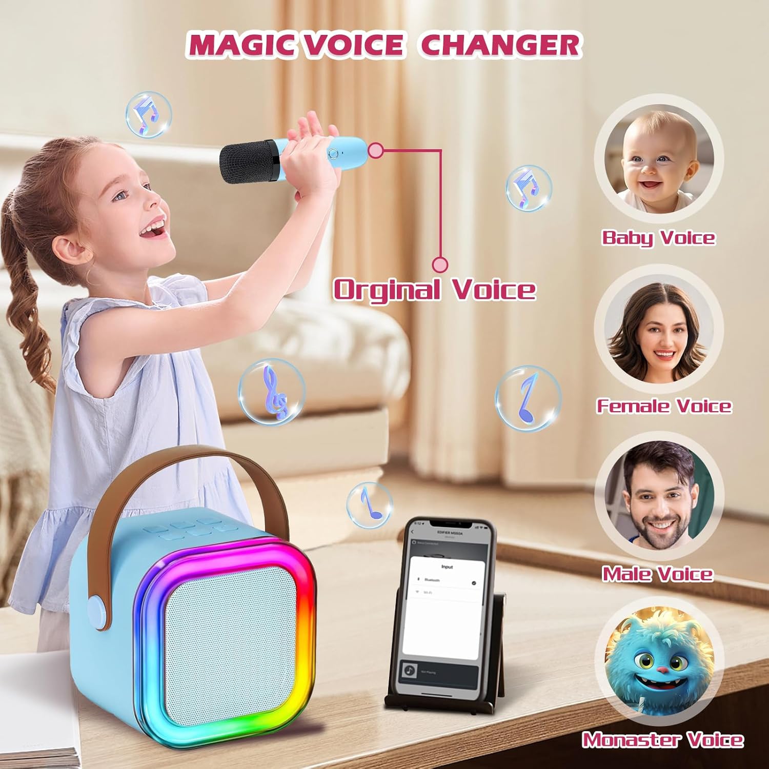 Mini Kids Karaoke Machine 2024, Portable Karaoke Speaker with 2 Wireless Mics & Party Lights, Christmas & Birthday Gift for Girls & Boys Ages 4-12+