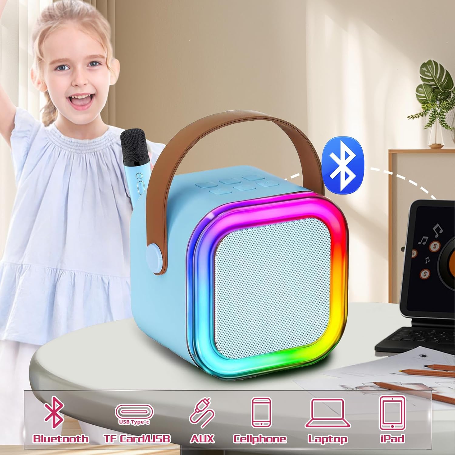 Mini Kids Karaoke Machine 2024, Portable Karaoke Speaker with 2 Wireless Mics & Party Lights, Christmas & Birthday Gift for Girls & Boys Ages 4-12+