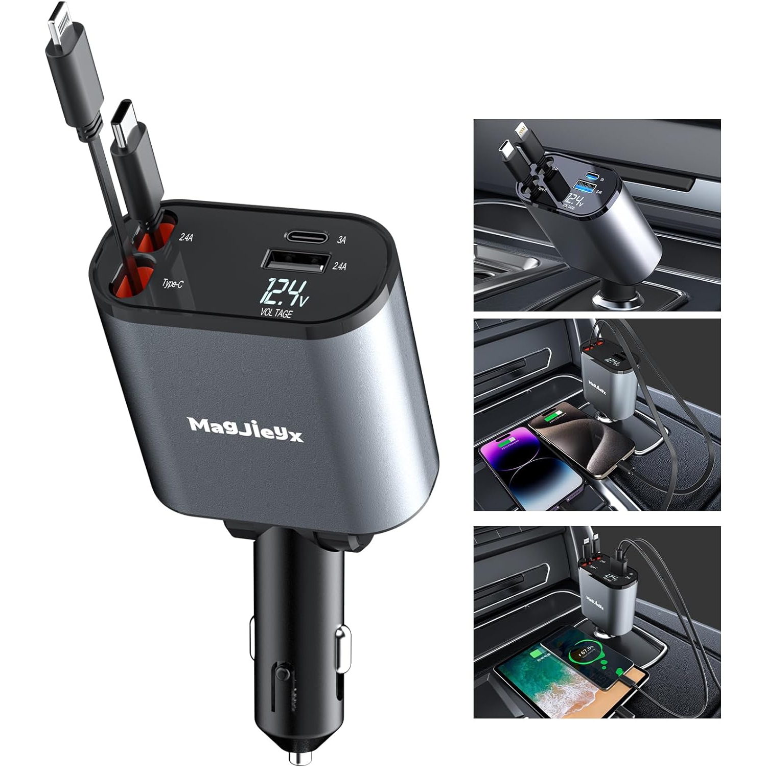 4 in 1 Retractable Car Charger - USB C, iPhone 15/14/13 Pro Max Plus, iPad, AirPods, Samsung Galaxy S23/S22/S10, Google. Includes Lightning cable and dual charge port.