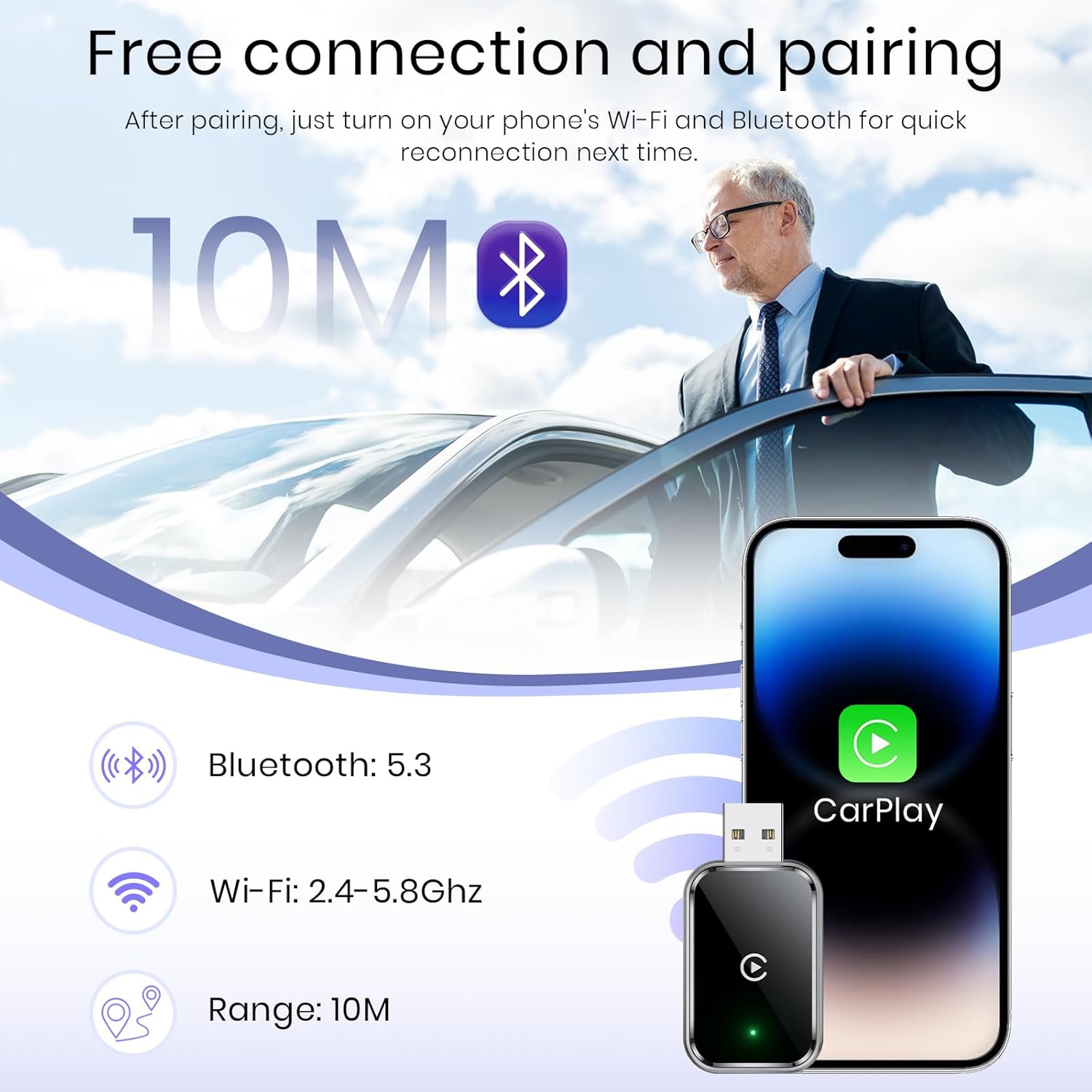 Adaptateur CarPlay sans fil d'ULTRENDS – conversion sans fil fluide, conception compacte avec USB et type C, connectivité sans ralentissement et