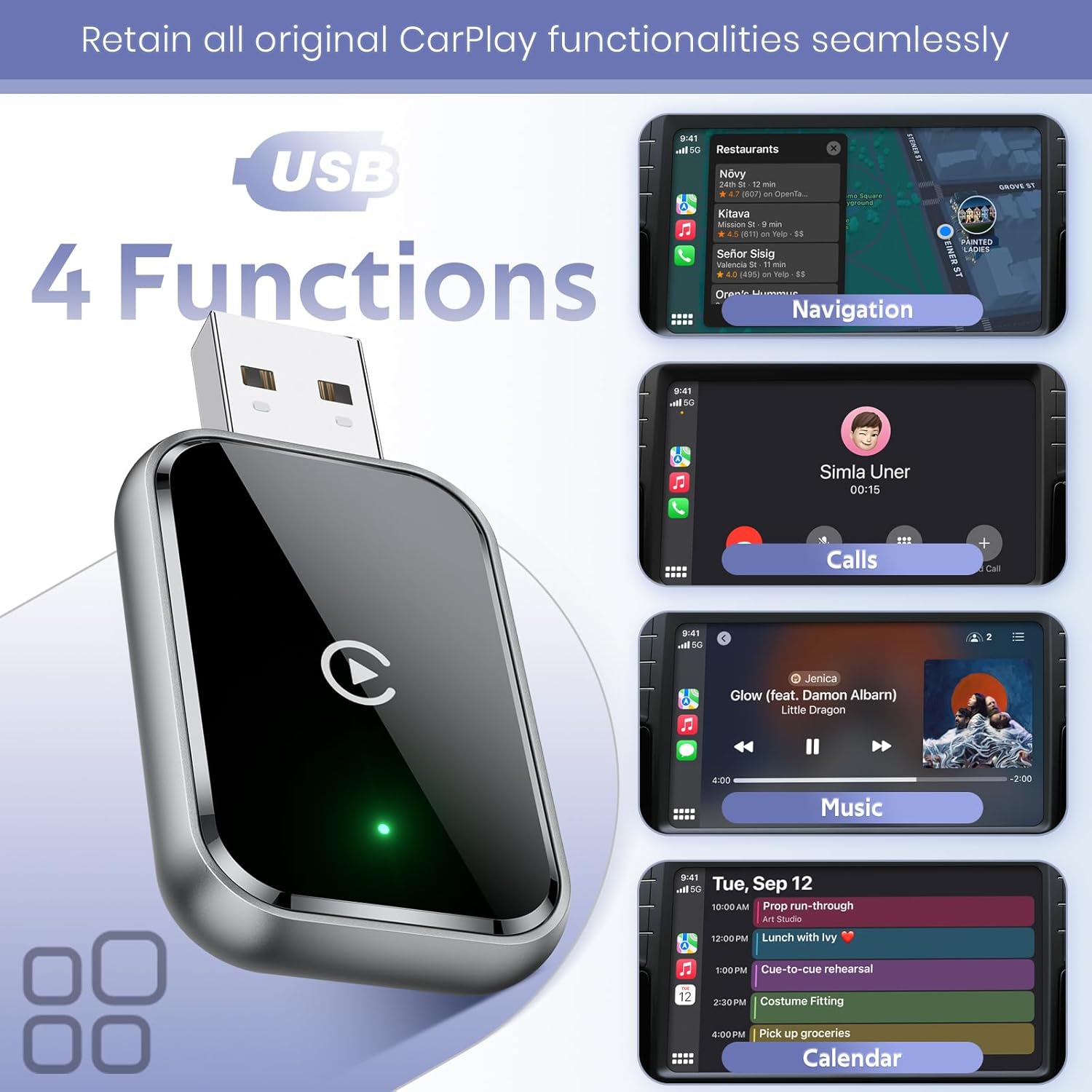 Adaptateur CarPlay sans fil d'ULTRENDS – conversion sans fil fluide, conception compacte avec USB et type C, connectivité sans ralentissement et