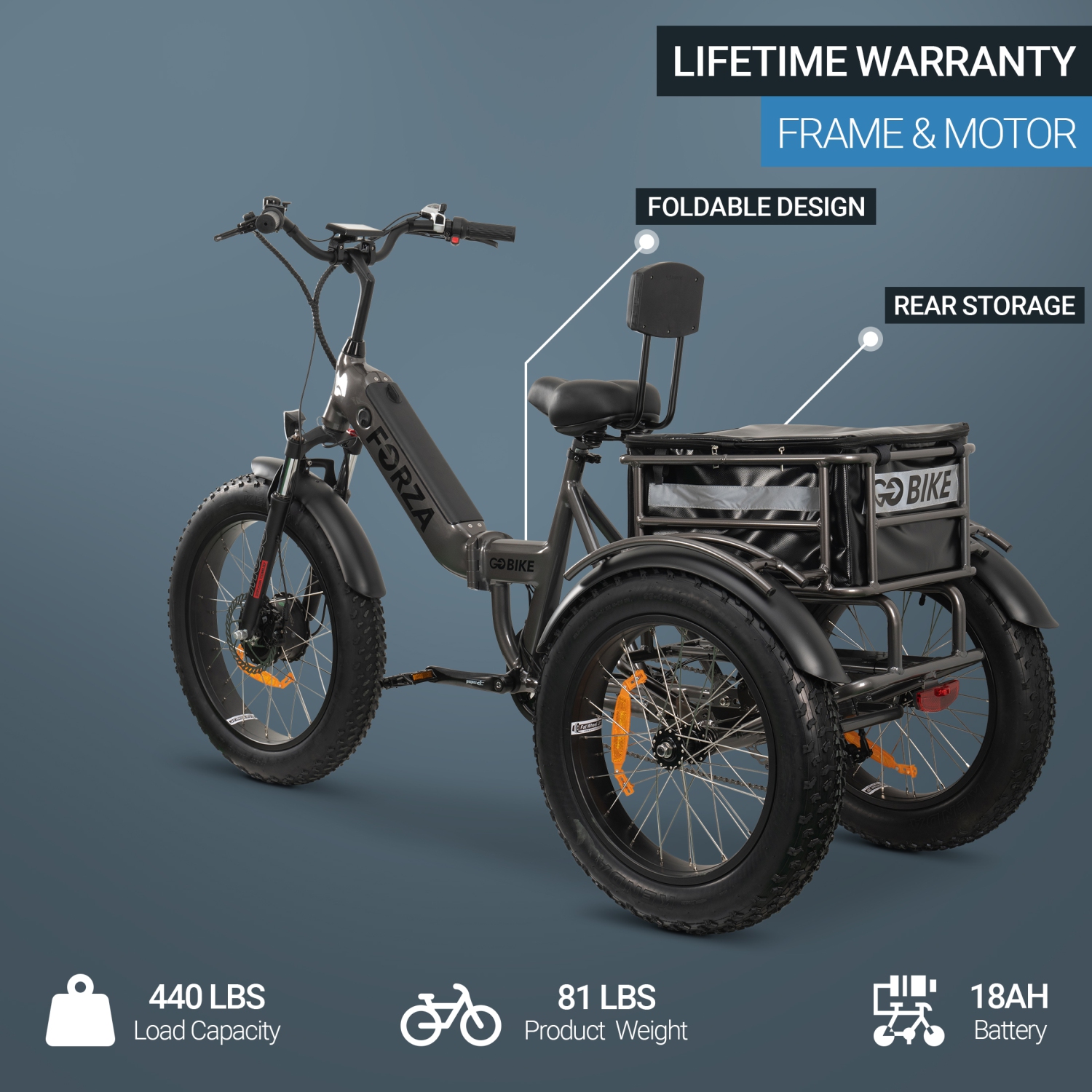 FORZA eBike | tricycle électrique pliable compact à batterie double 500&nbsp;W - Gris cosmique