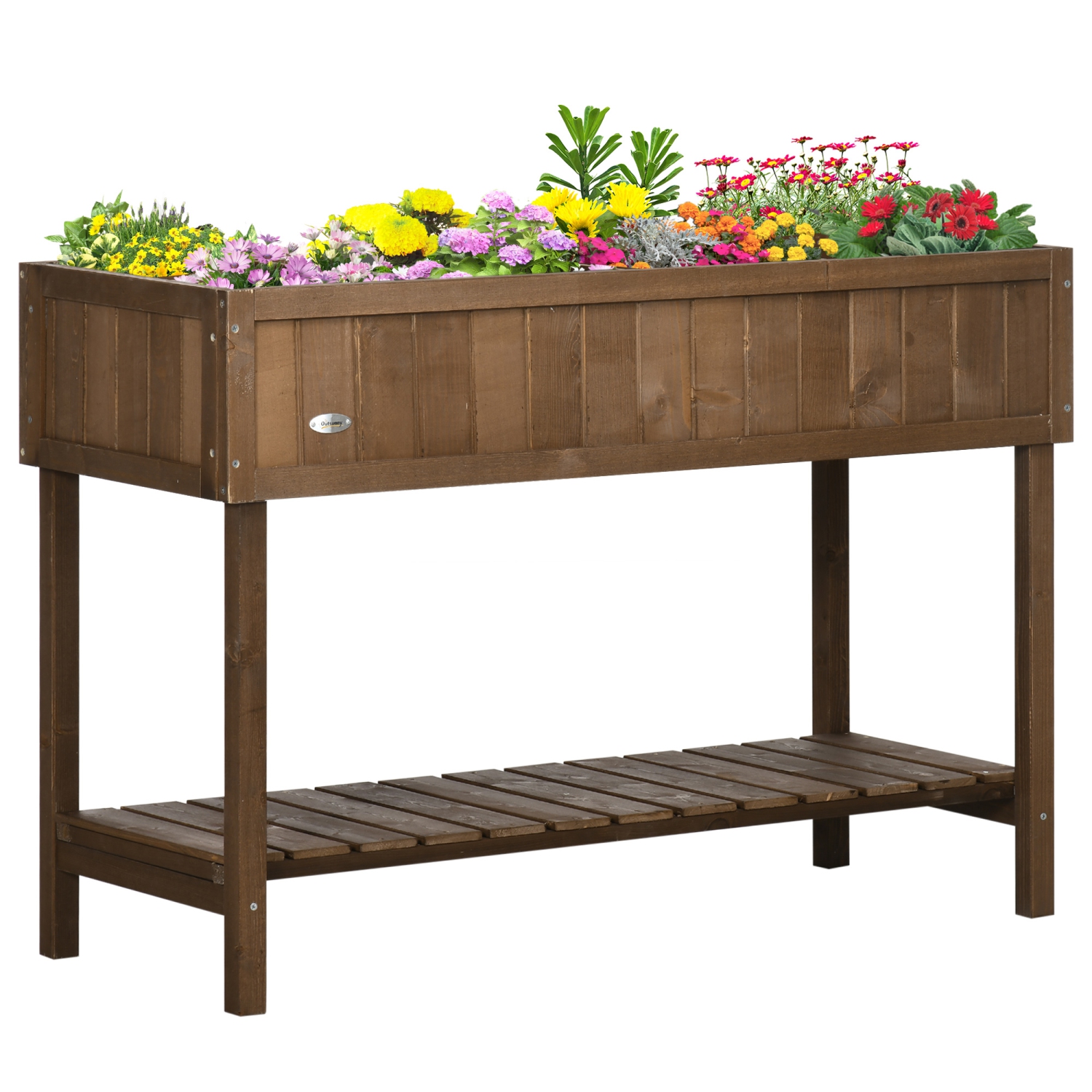 Outsunny 43" x 18" x 30" Raised Garden Bed, Wood Planter Box with Storage Shelf and 8 Pockets, to Grow Herbs, Vegetables, and Flowers, Dark Brown