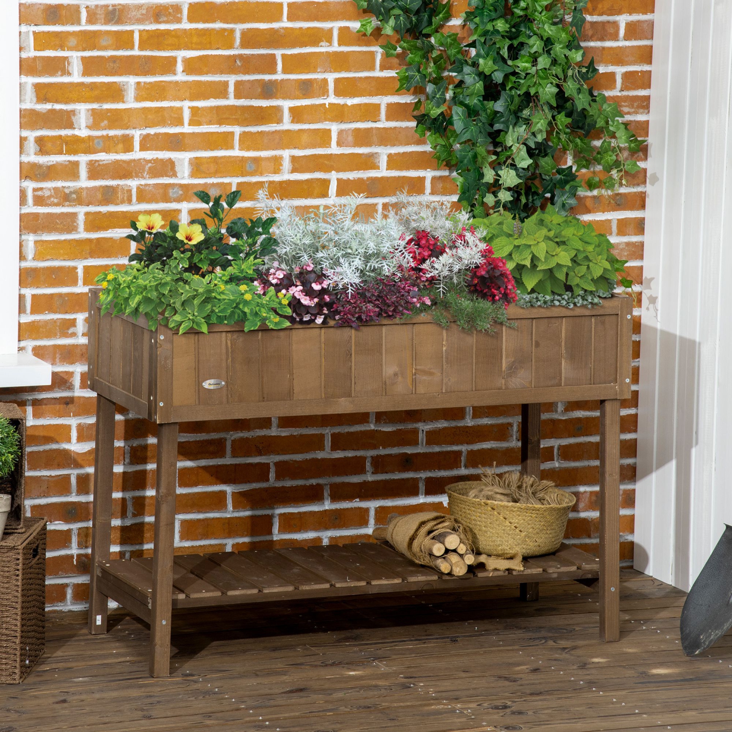 Outsunny 43" x 18" x 30" Raised Garden Bed, Wood Planter Box with Storage Shelf and 8 Pockets, to Grow Herbs, Vegetables, and Flowers, Dark Brown