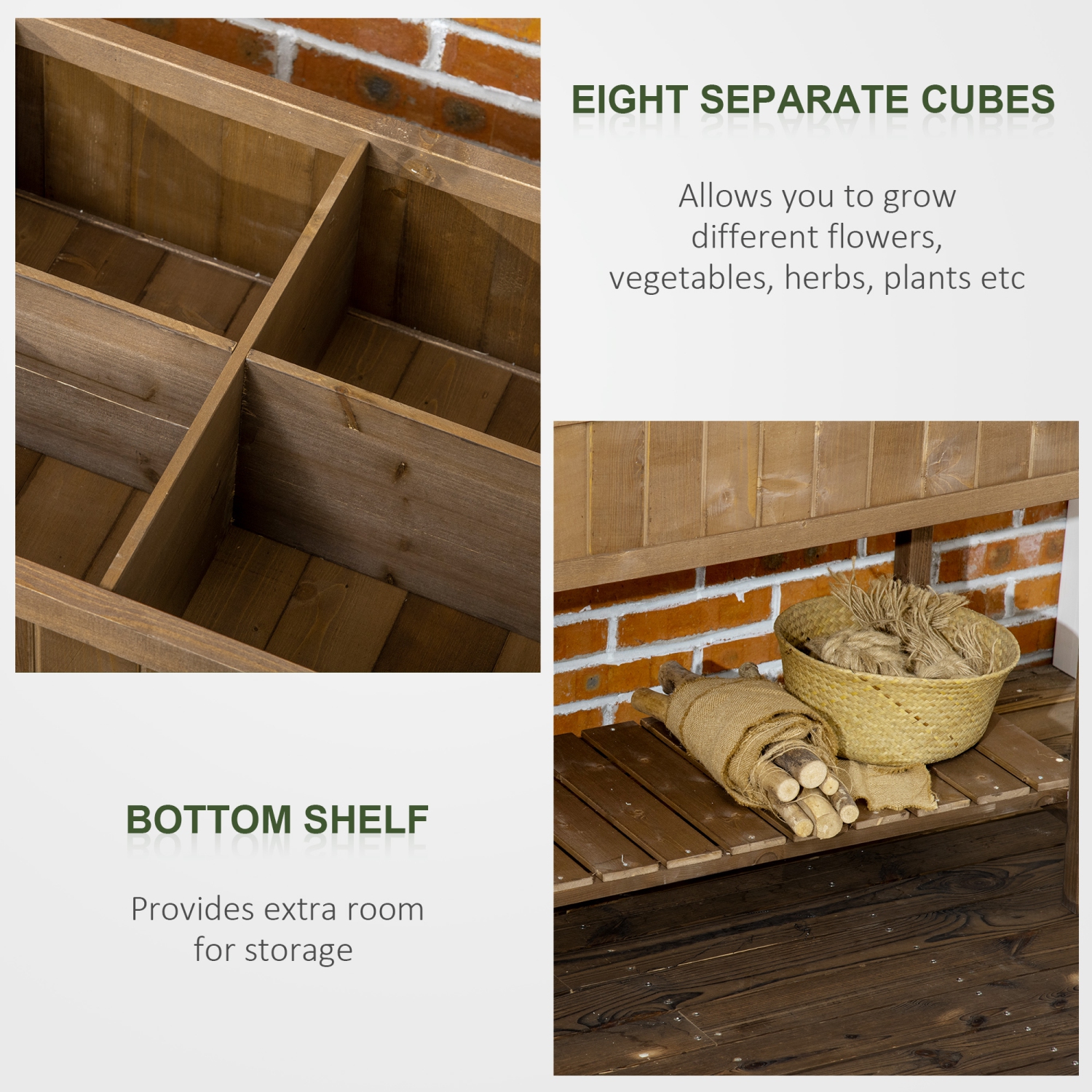 Outsunny 43" x 18" x 30" Raised Garden Bed, Wood Planter Box with Storage Shelf and 8 Pockets, to Grow Herbs, Vegetables, and Flowers, Dark Brown