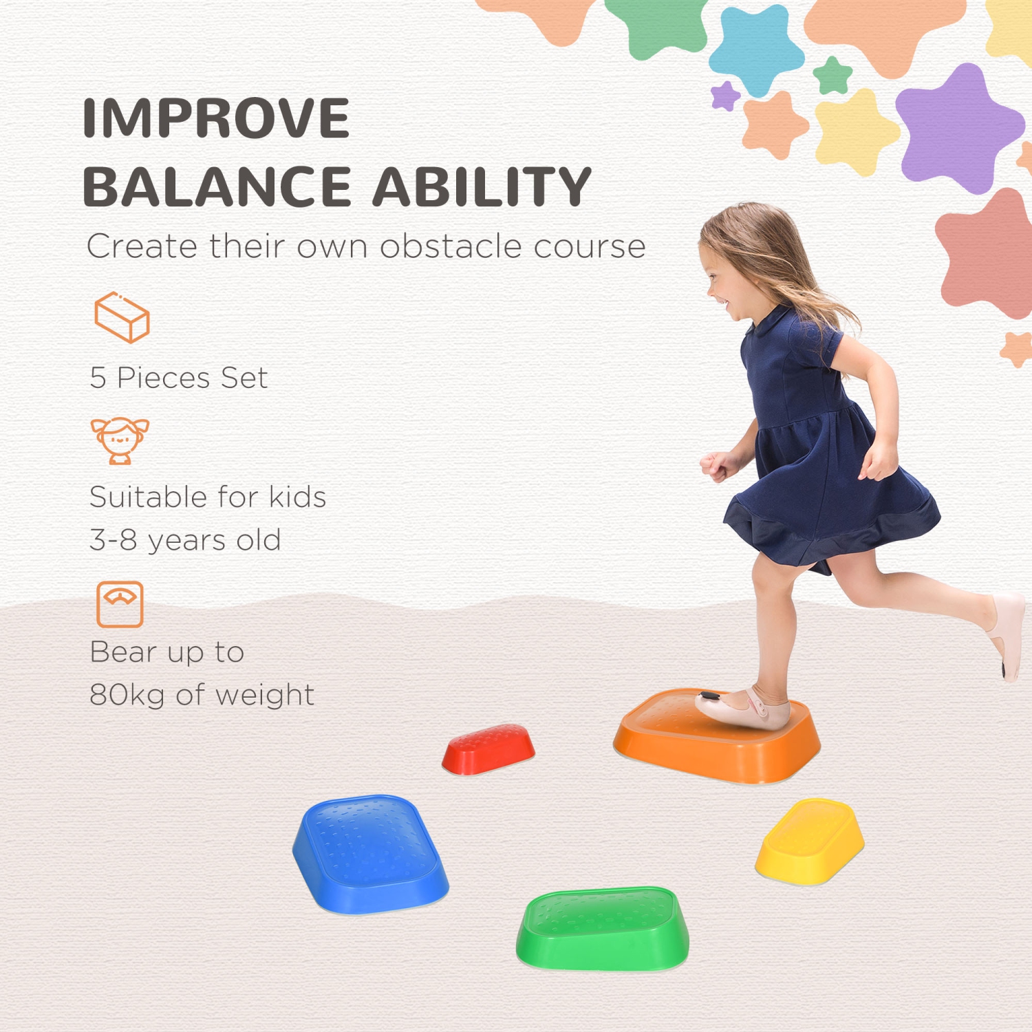 Outsunny Stepping Stones Kids, 5PCs Balance Stepping Stones for Kids, Obstacle Course Sensory Play River Stones Indoor Outdoor Games for 3-8 Years