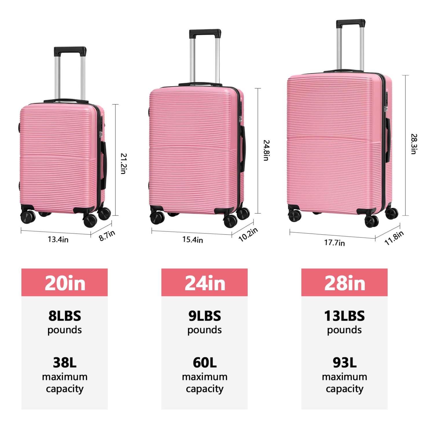 HIKOLAYAE Hardside Spinner Luggage Sets in Pink, 3 Piece, TSA Lock