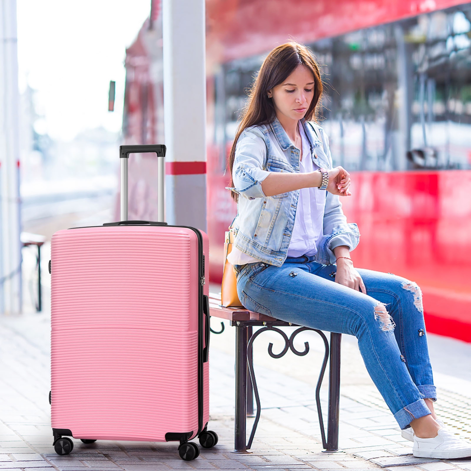 HIKOLAYAE Hardside Spinner Luggage Sets in Pink, 3 Piece, TSA Lock