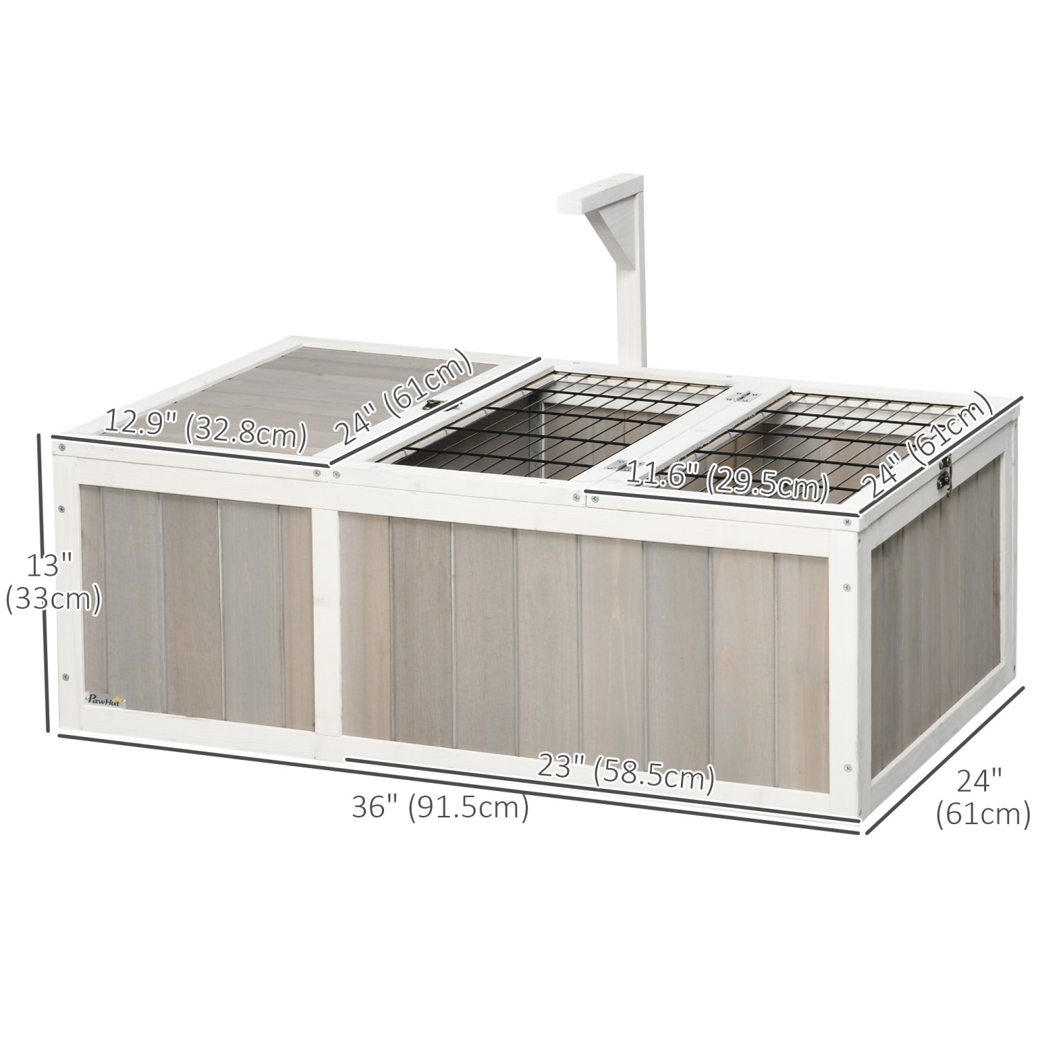 PawHut Wooden Tortoise Enclosure without Bottom Base Design, Tortoise Habitat for Small Animals with Run Cage, Openable Tops, Two Rooms Design, Grey