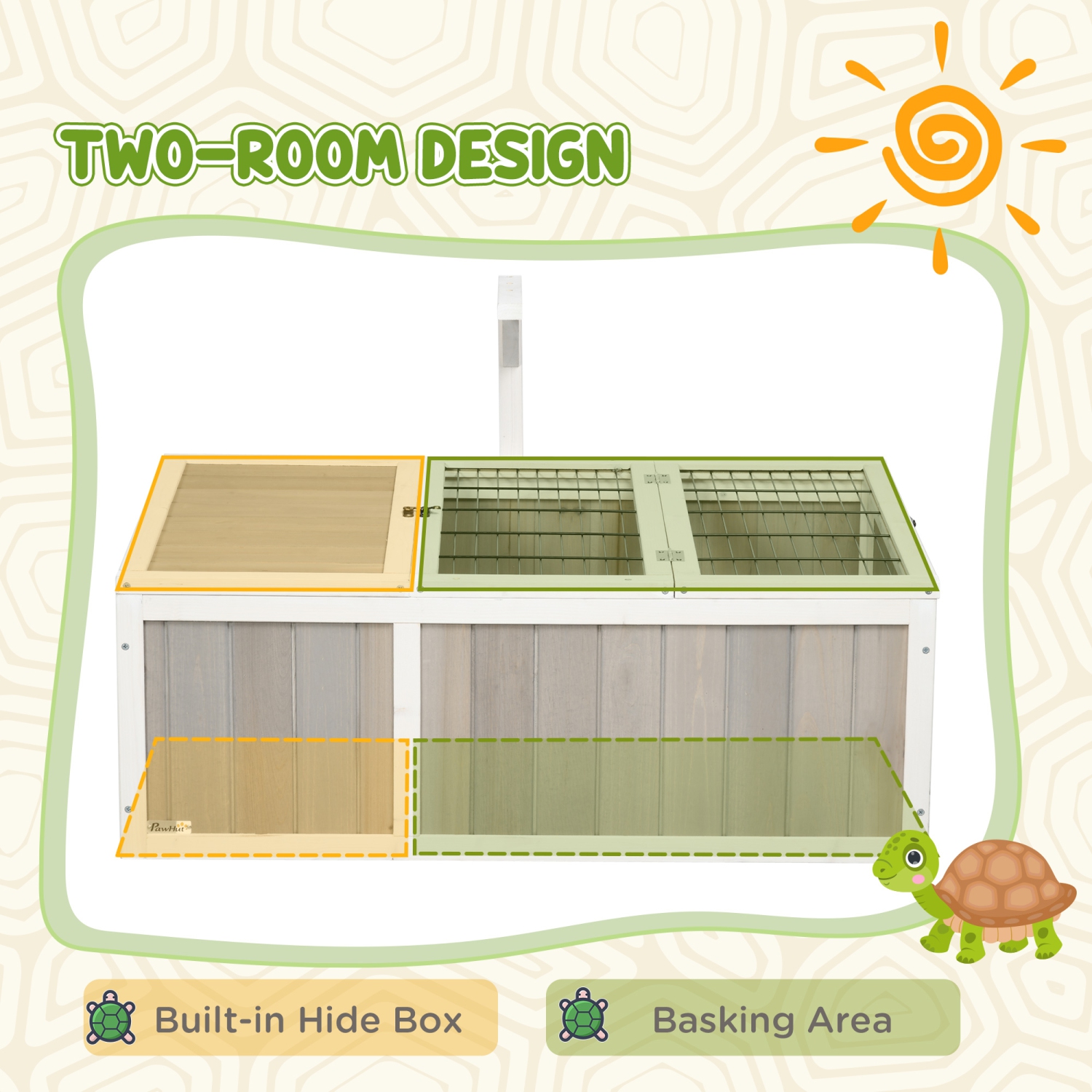 PawHut Wooden Tortoise Enclosure without Bottom Base Design, Tortoise Habitat for Small Animals with Run Cage, Openable Tops, Two Rooms Design, Grey