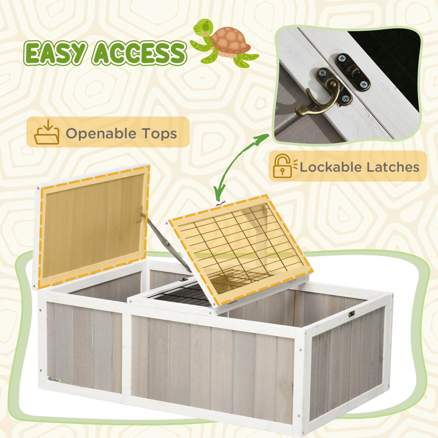 PawHut Wooden Tortoise Enclosure without Bottom Base Design, Tortoise Habitat for Small Animals with Run Cage, Openable Tops, Two Rooms Design, Grey