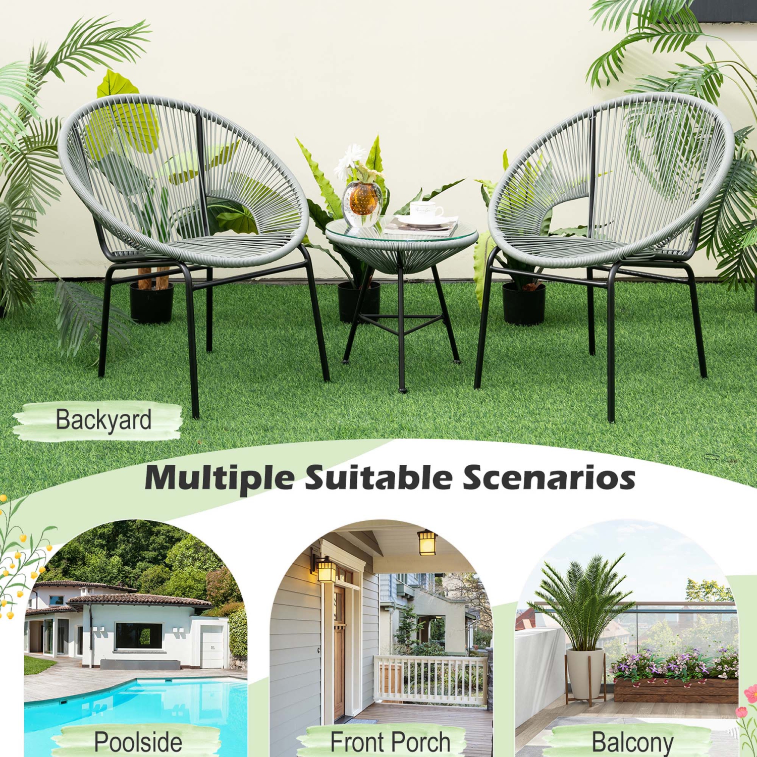 Ensemble bistro en plastique à table en verre torsadé pour patio Acapulco 3PCS de Costway