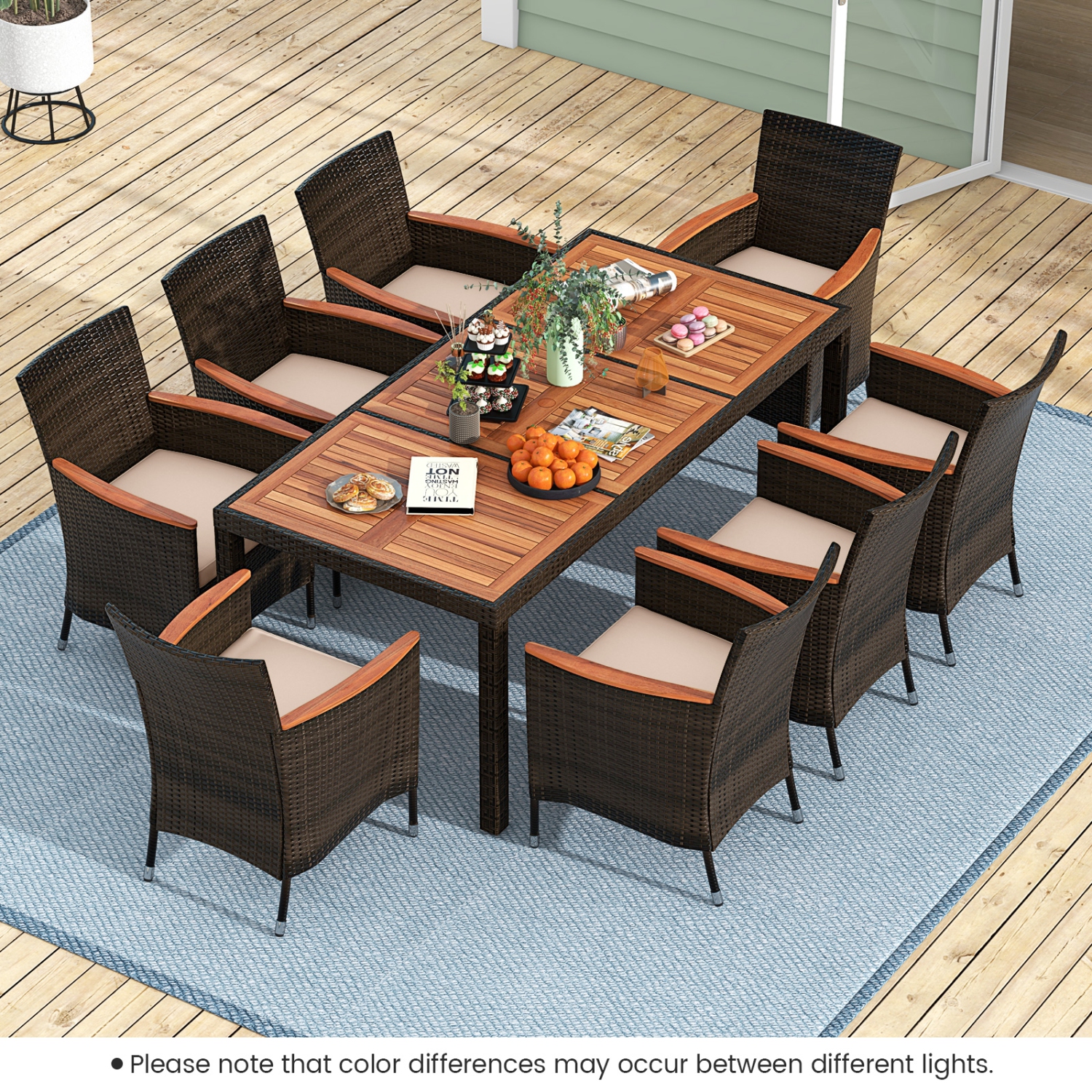 Costway 9PCS Patio Wicker Dining Set Acacia Wood Table Top Umbrella Hole Cushions Chairs