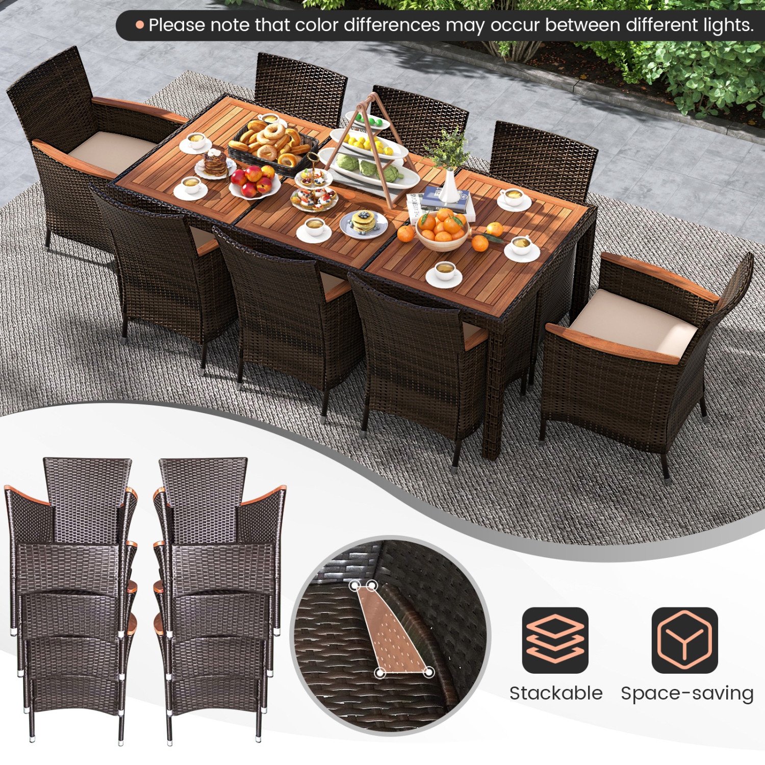 Costway 9PCS Patio Wicker Dining Set Acacia Wood Table Top Umbrella Hole Cushions Chairs