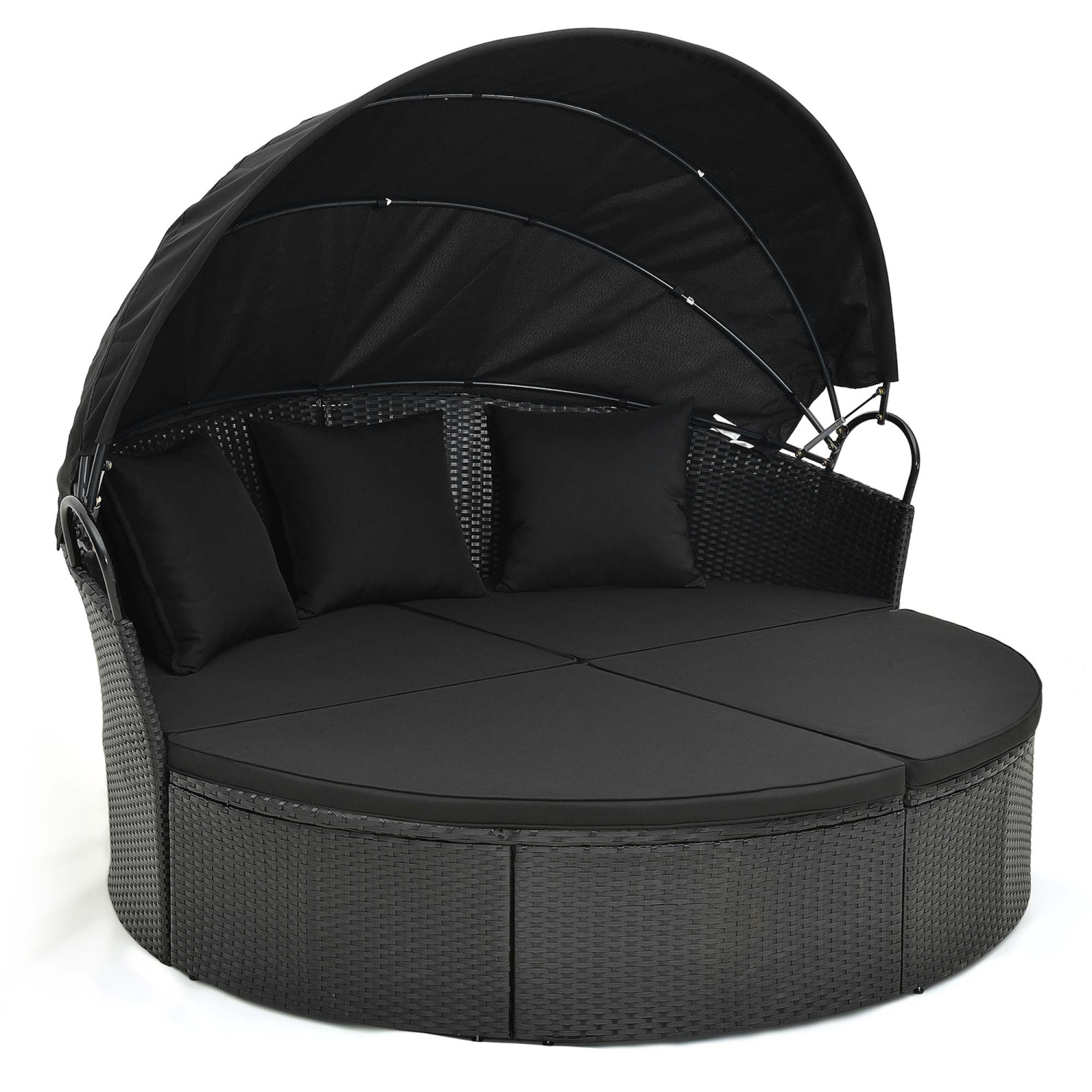 Costway Patio Round Daybed with Retractable Canopy Rattan Sectional Seating Black/White