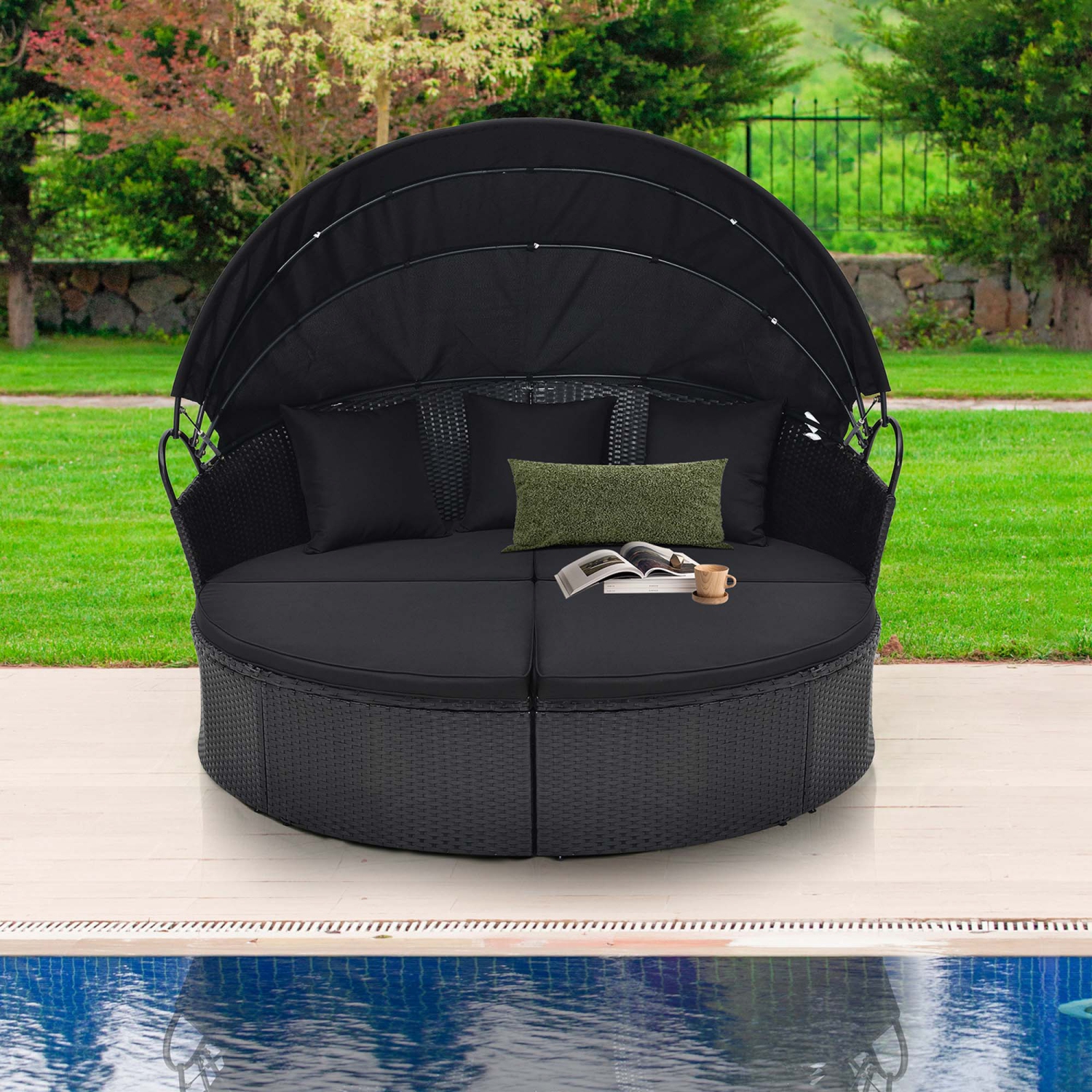 Costway Patio Round Daybed with Retractable Canopy Rattan Sectional Seating Black/White