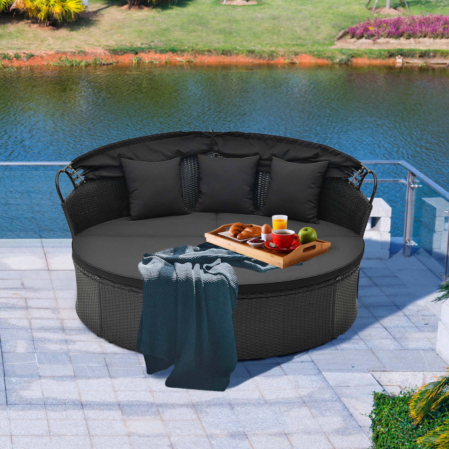 Costway Patio Round Daybed with Retractable Canopy Rattan Sectional Seating Black/White