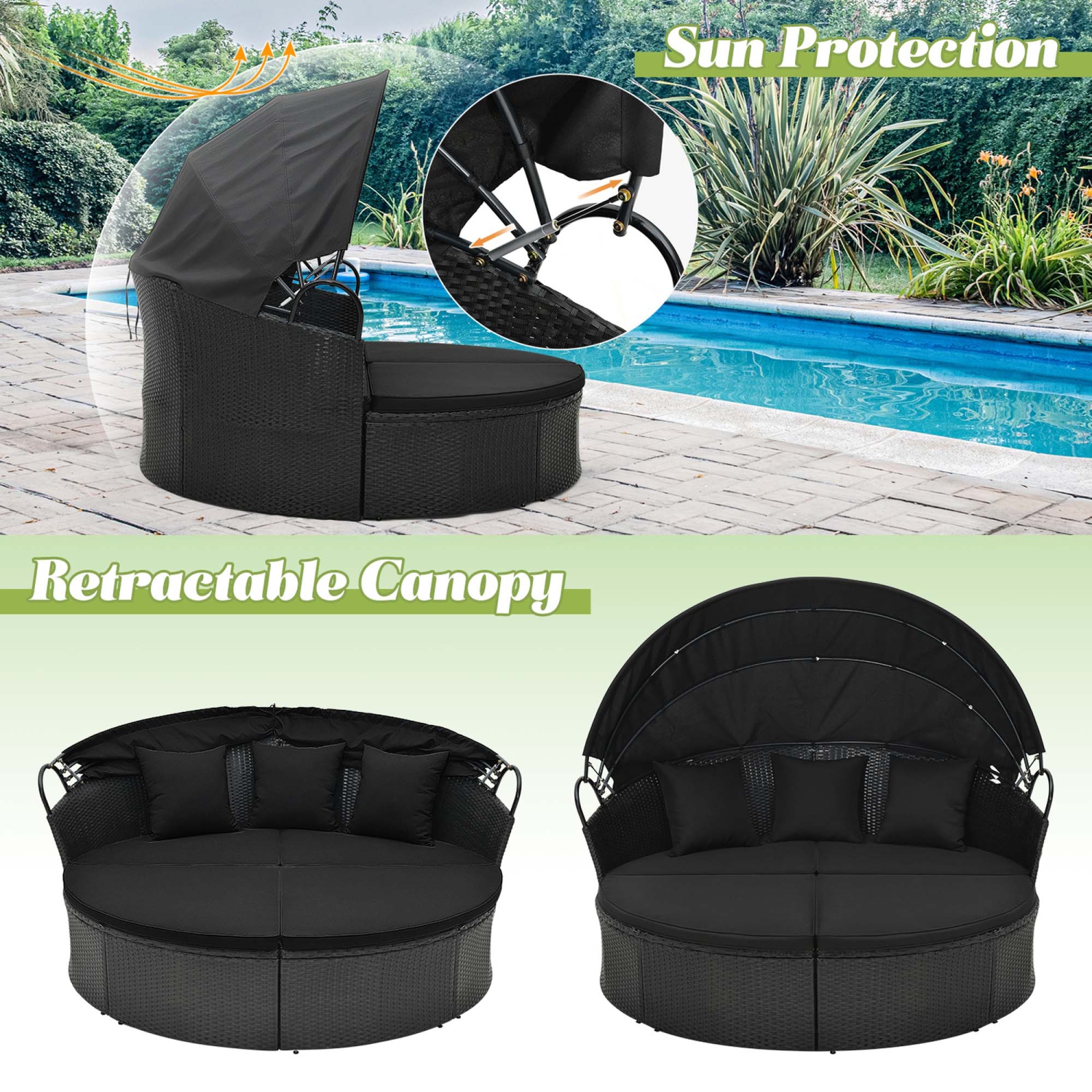 Costway Patio Round Daybed with Retractable Canopy Rattan Sectional Seating Black/White