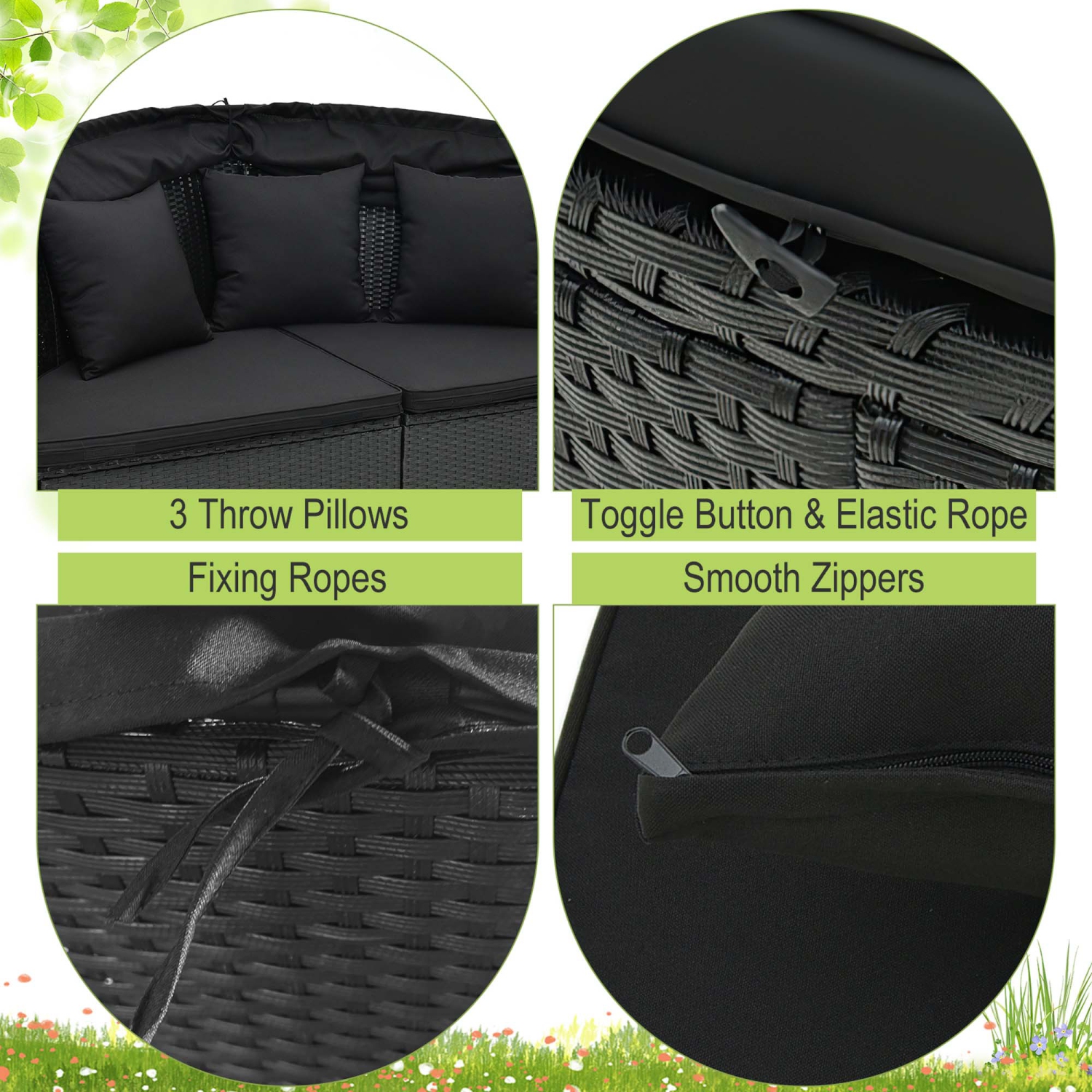 Costway Patio Round Daybed with Retractable Canopy Rattan Sectional Seating Black/White