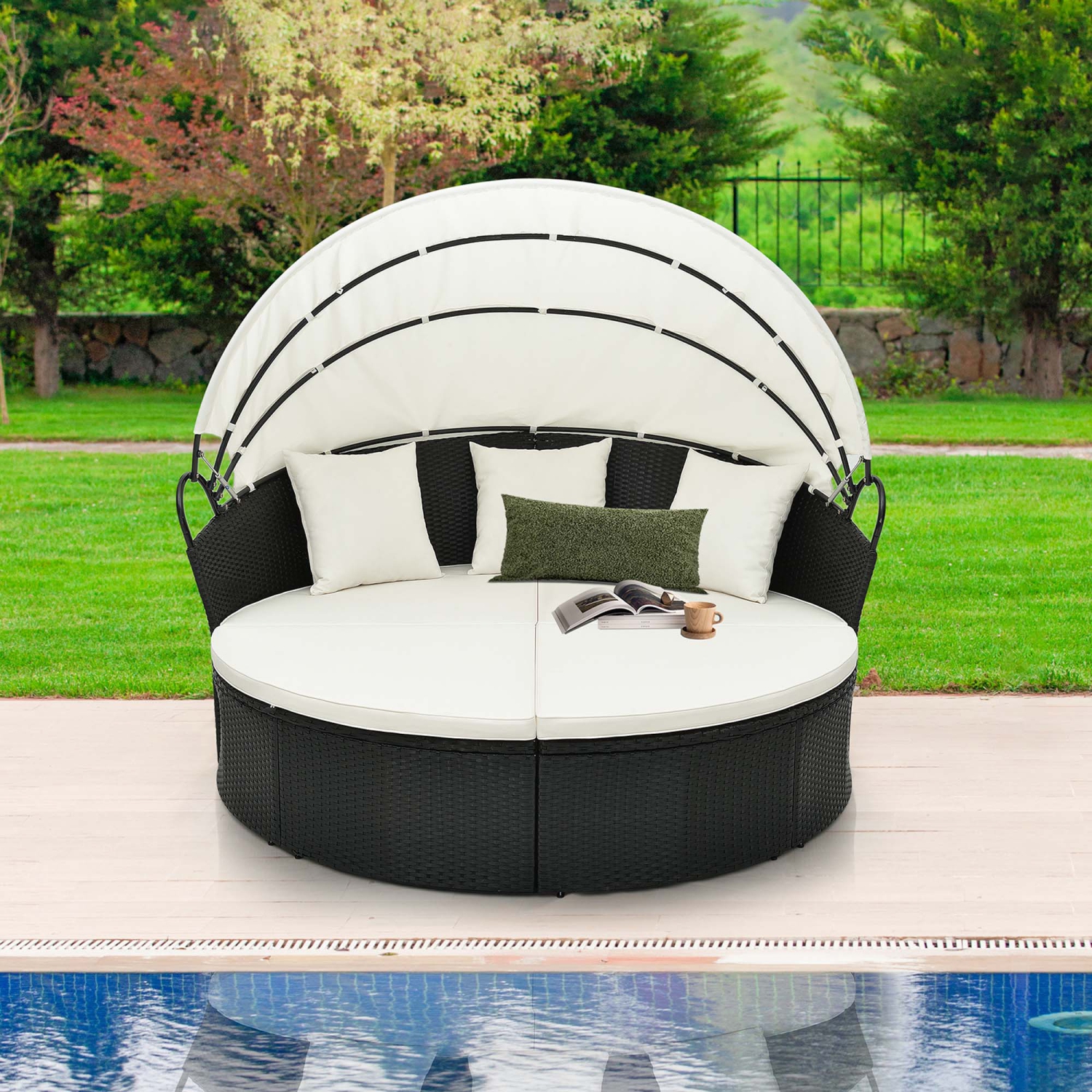 Costway Patio Round Daybed with Retractable Canopy Rattan Sectional Seating Black/White